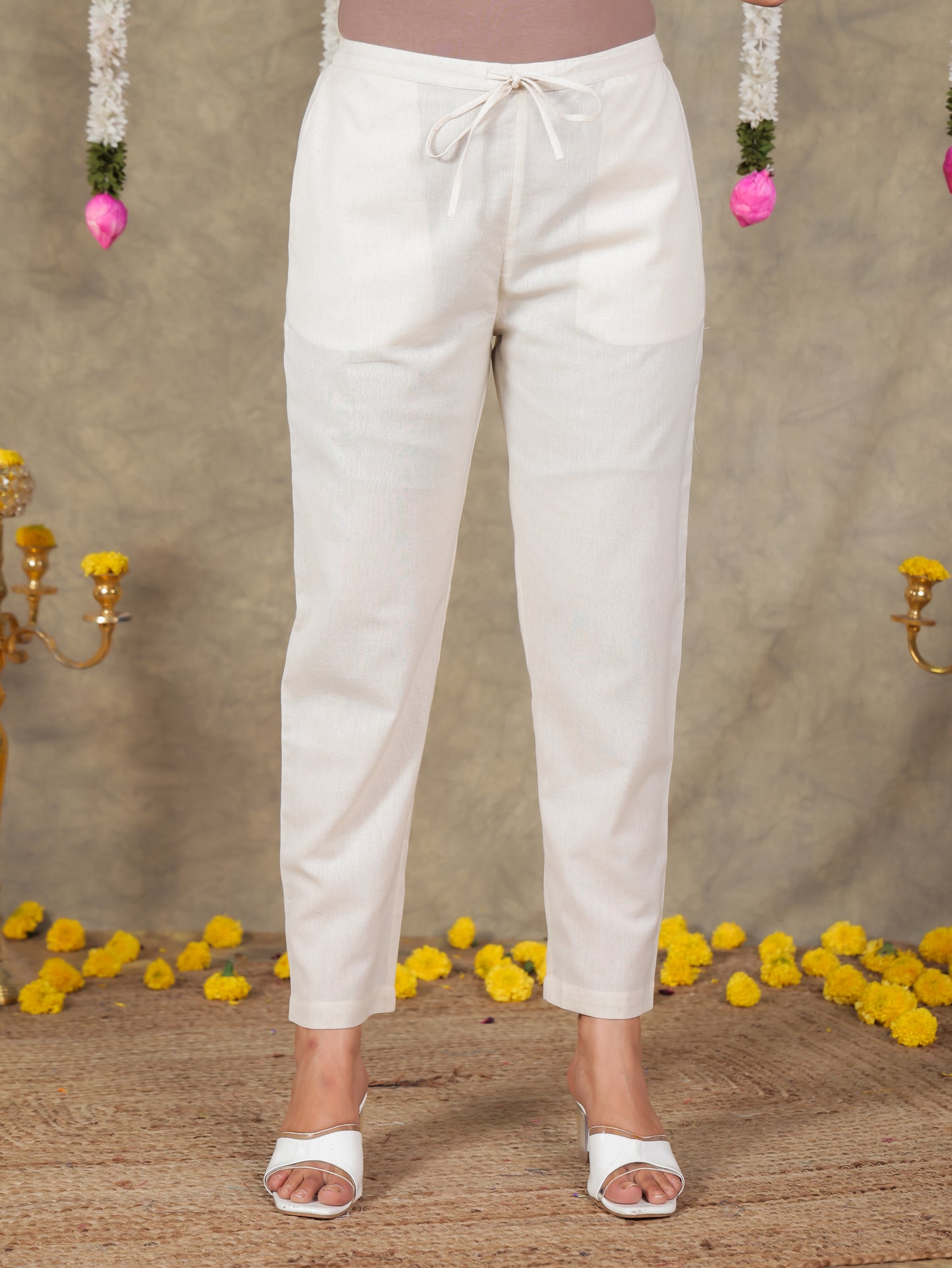 Linen Cotton Floral Straight Off White Kurta