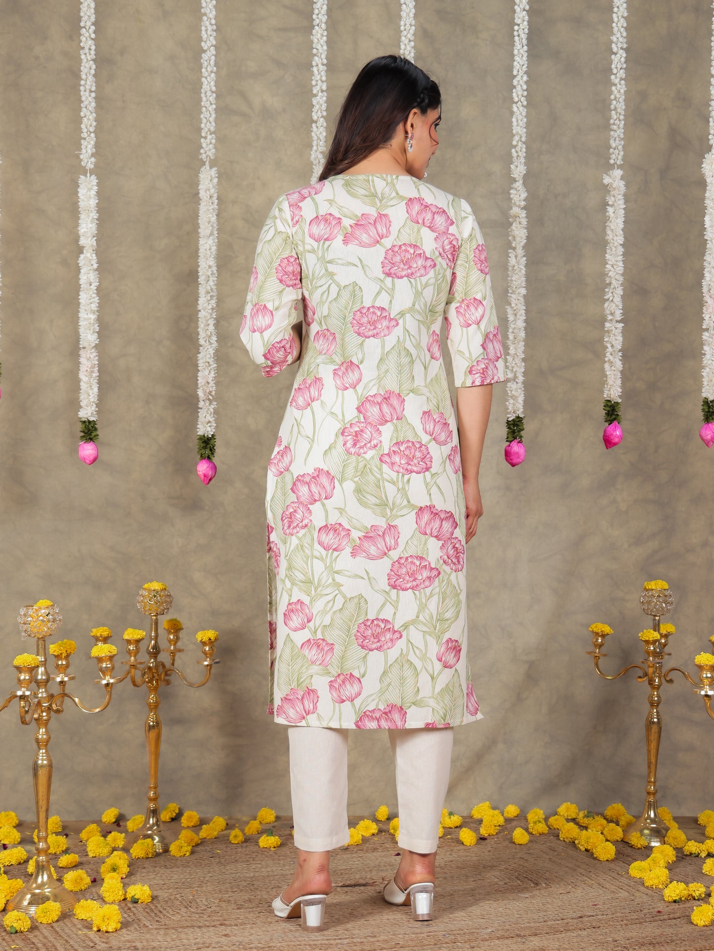 Linen Cotton Floral Straight Off White Kurta