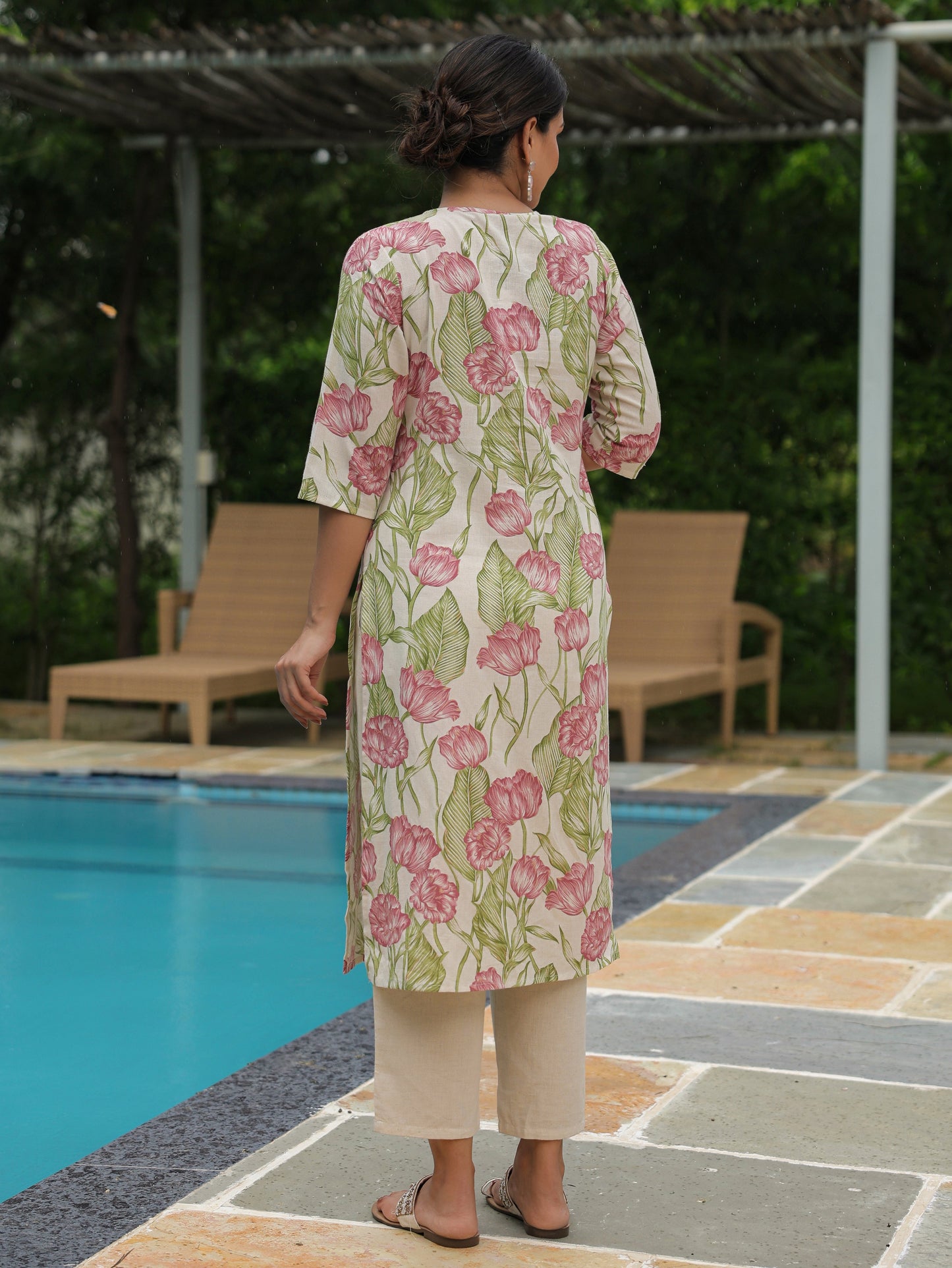 Linen Cotton Floral Straight Off White Kurta