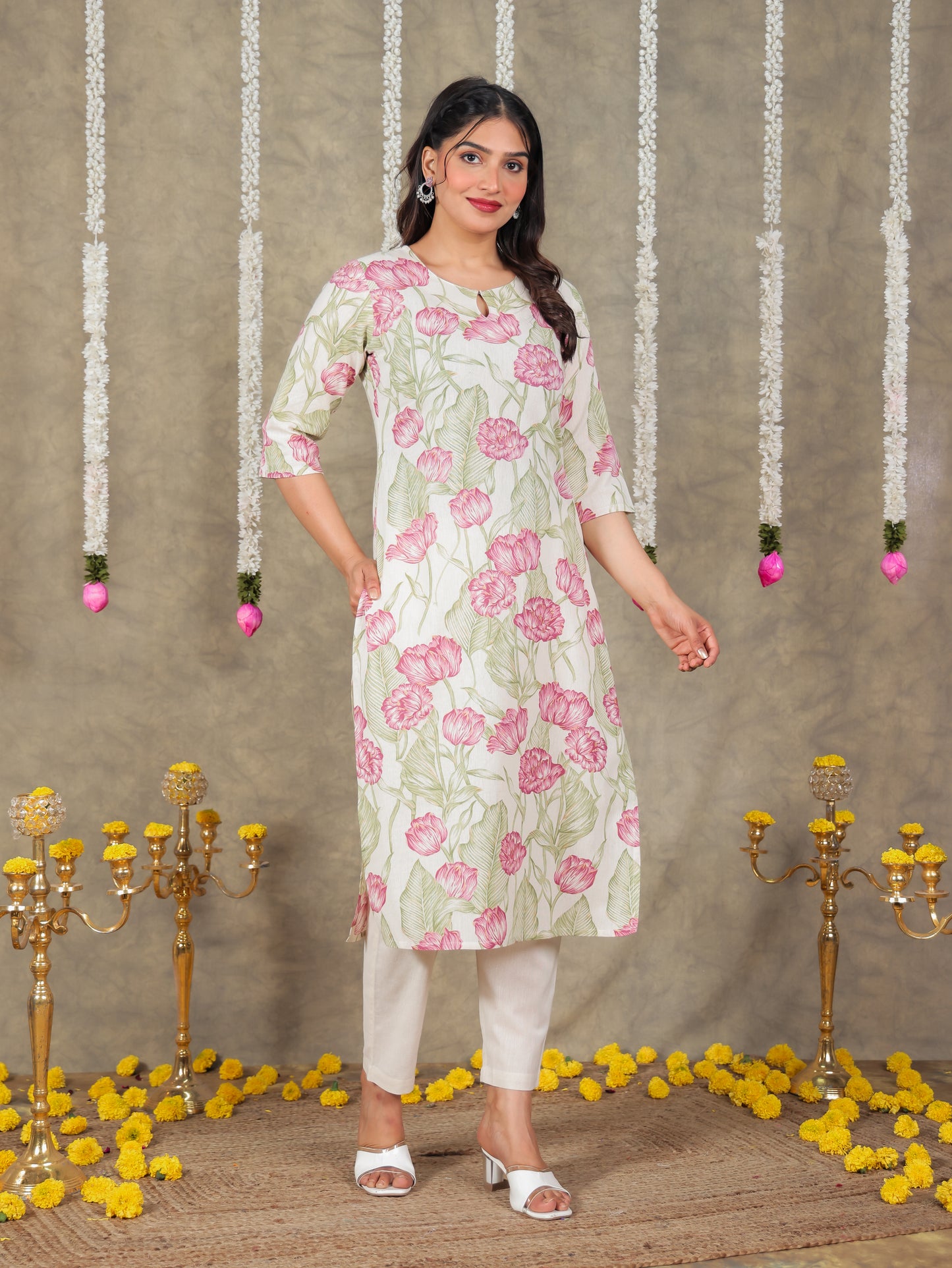 Linen Cotton Floral Straight Off White Kurta