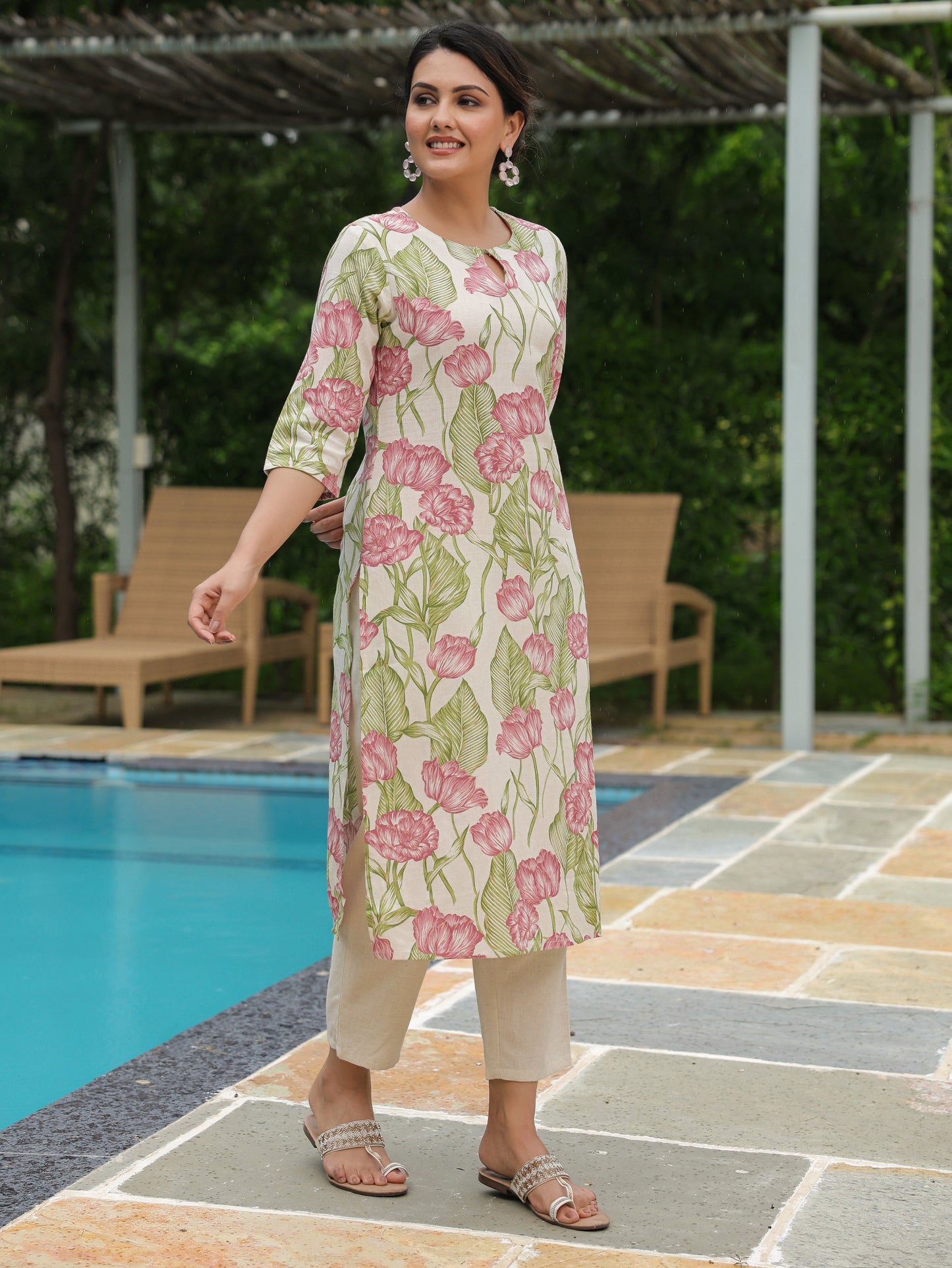 Linen Cotton Floral Straight Off White Kurta