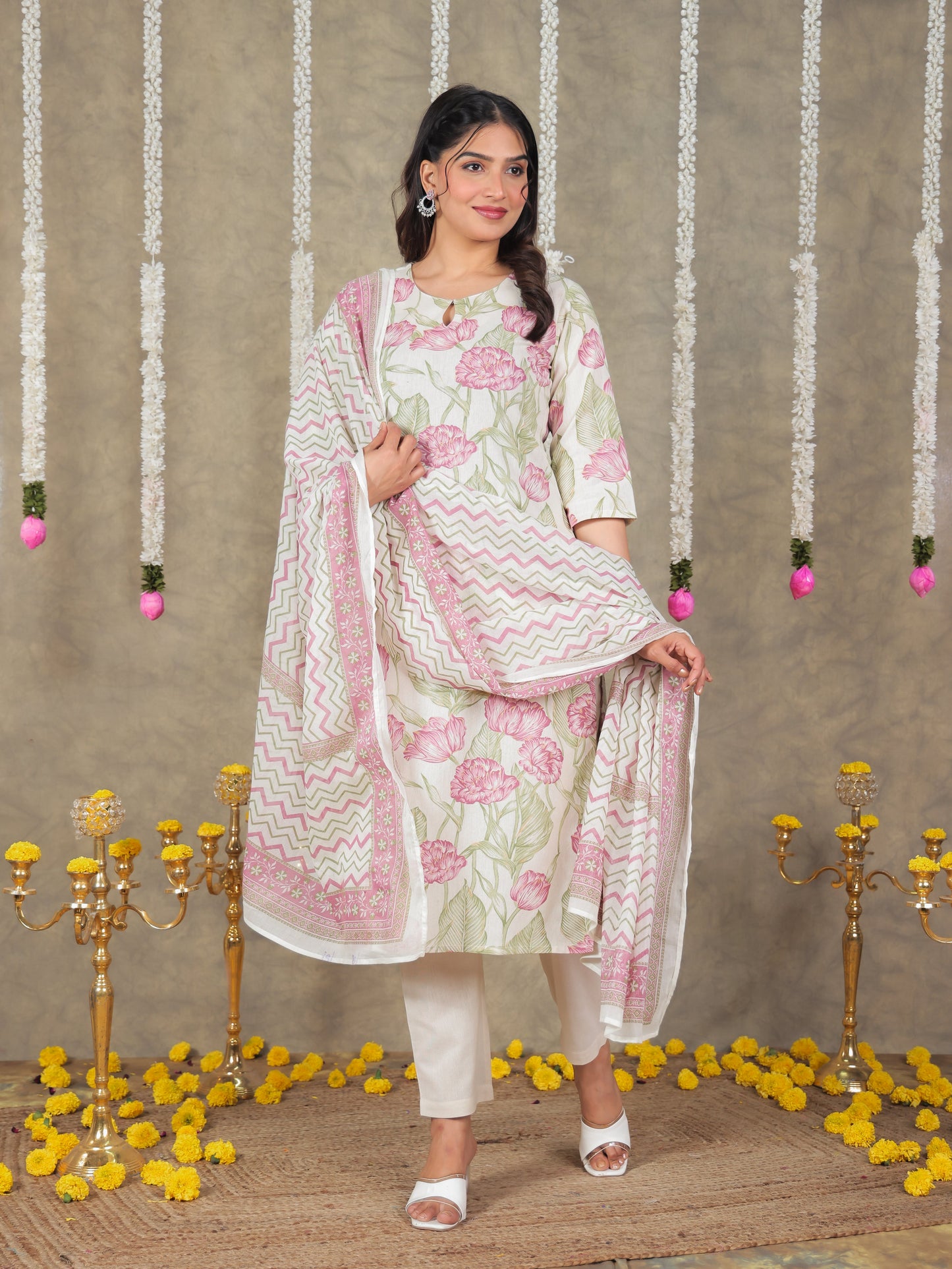 Linen Cotton Floral Straight Off White Kurta