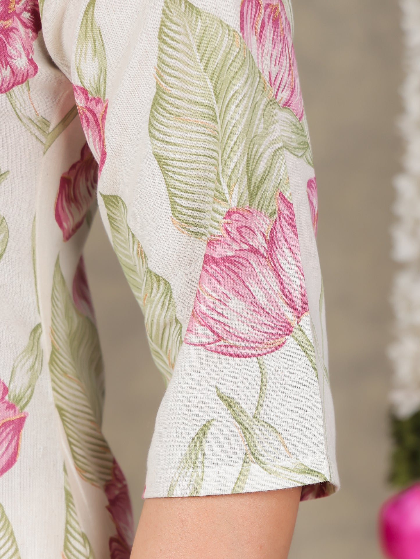 Linen Cotton Floral Straight Off White Kurta