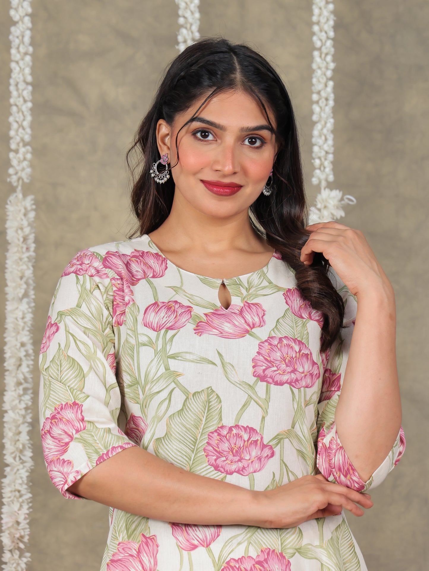 Linen Cotton Floral Straight Off White Kurta