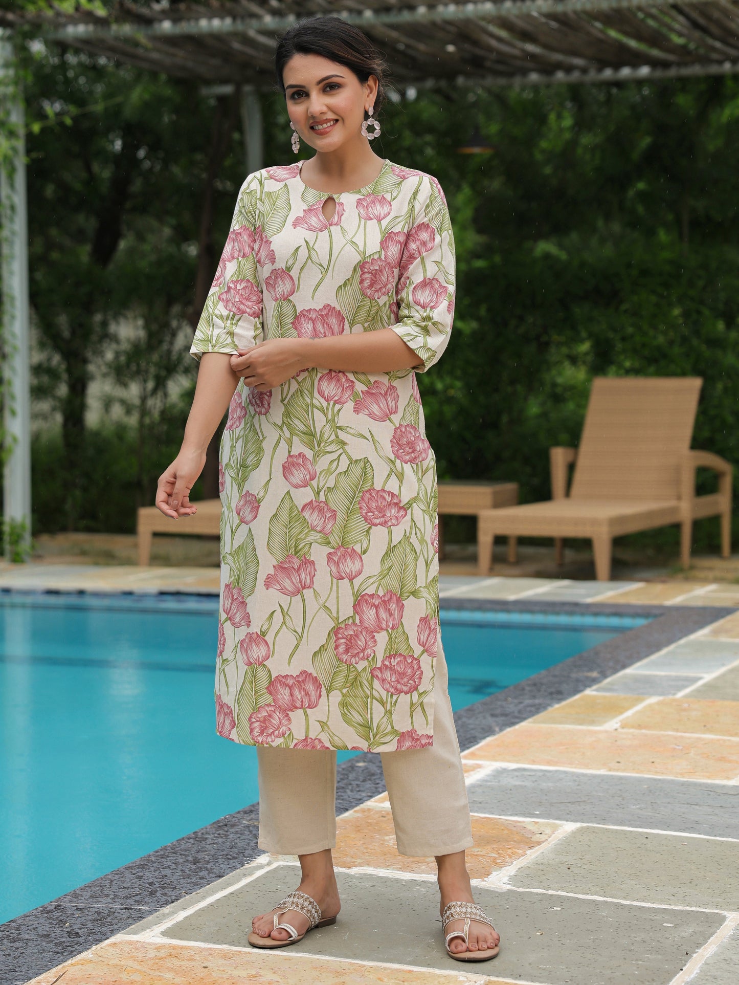 Linen Cotton Floral Straight Off White Kurta