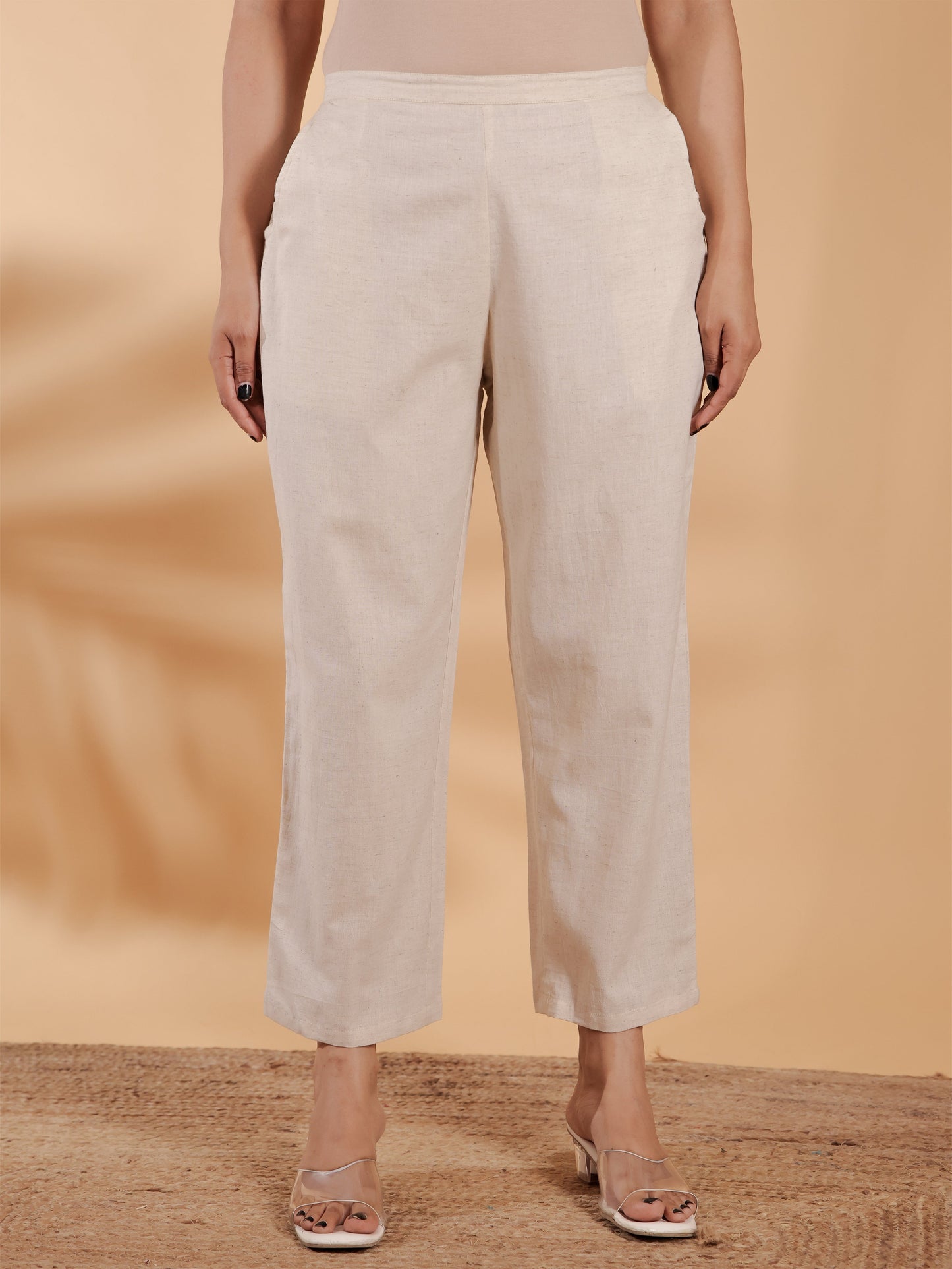 Linen Cotton Solid Cream Straight Trousers
