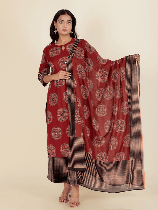 Voile Cotton Ajrakh Red Dupatta