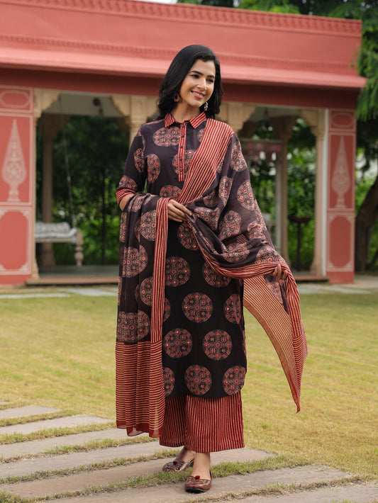 Voile Cotton Ajrakh Black Dupatta