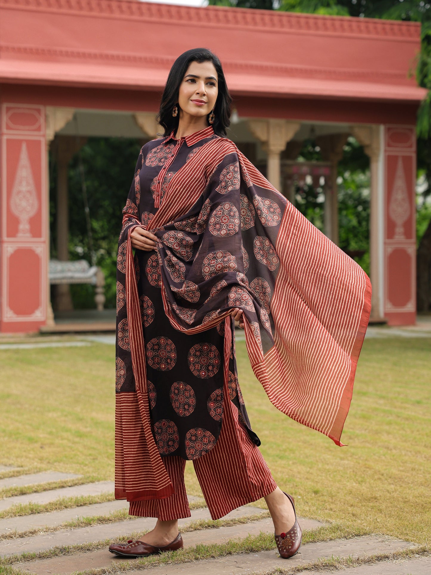 Voile Cotton Ajrakh Black Dupatta