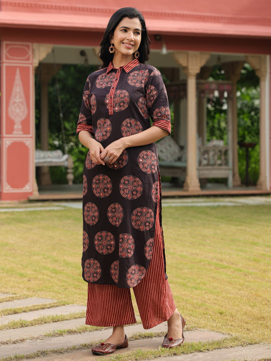 Soft Cotton Ajrakh Pathani Black Kurta