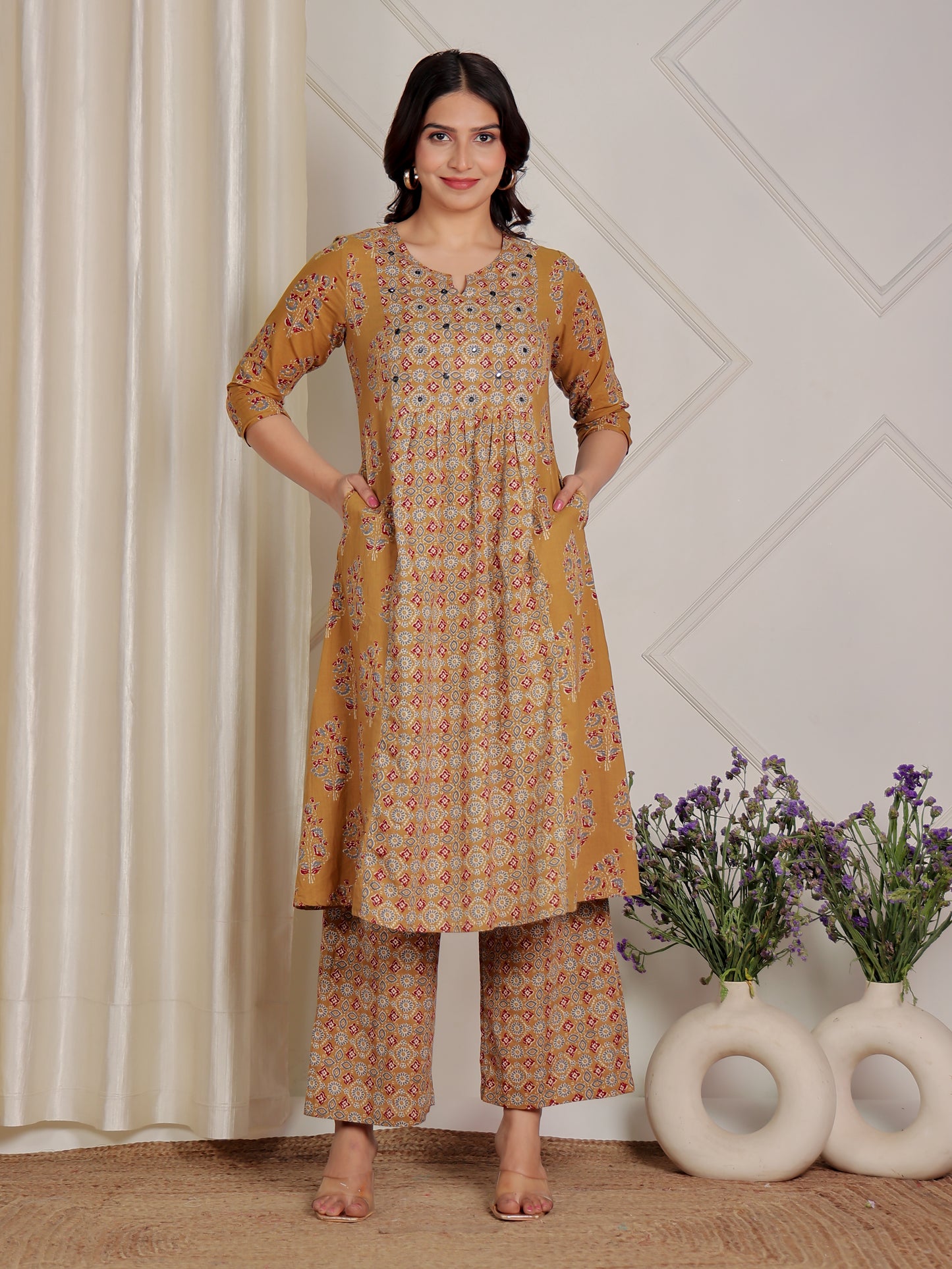 Soft Cotton Ajrakh Flared Mustard Kurta