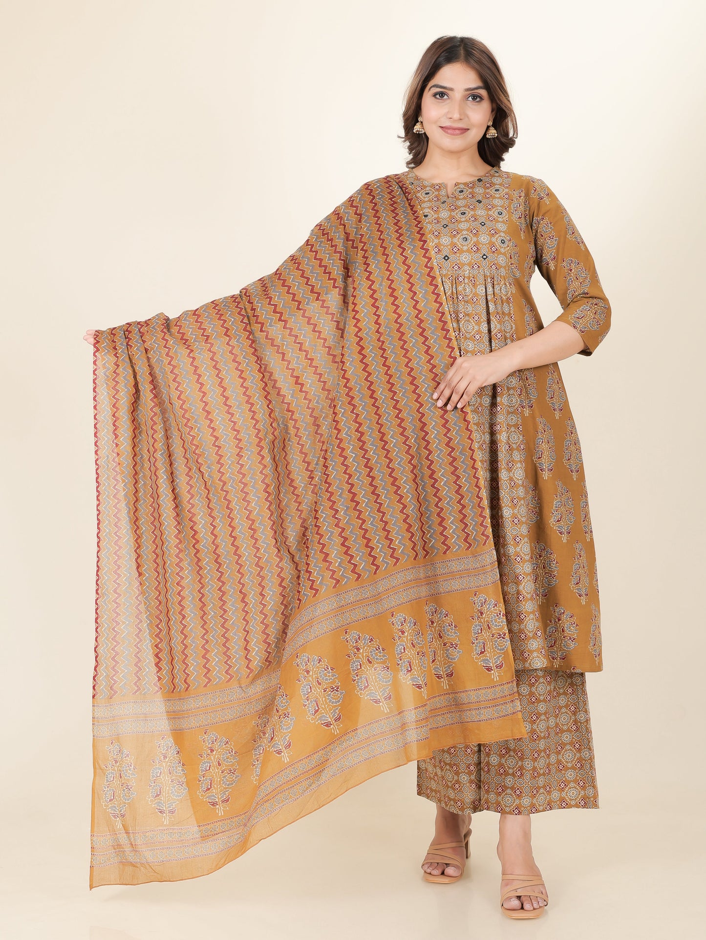 Soft Cotton Ajrakh Panelled Mustard Kurta