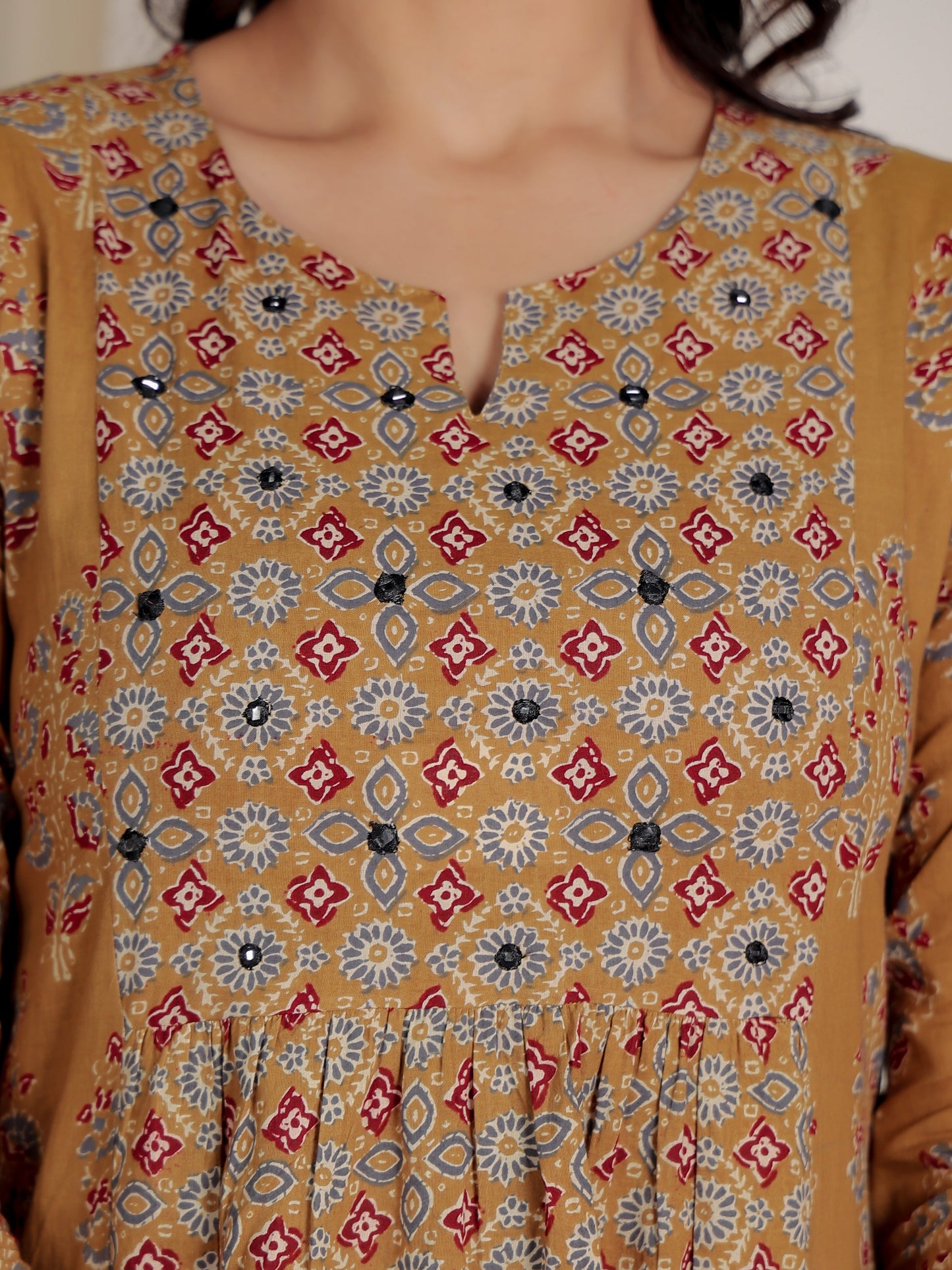 Soft Cotton Ajrakh Panelled Mustard Kurta