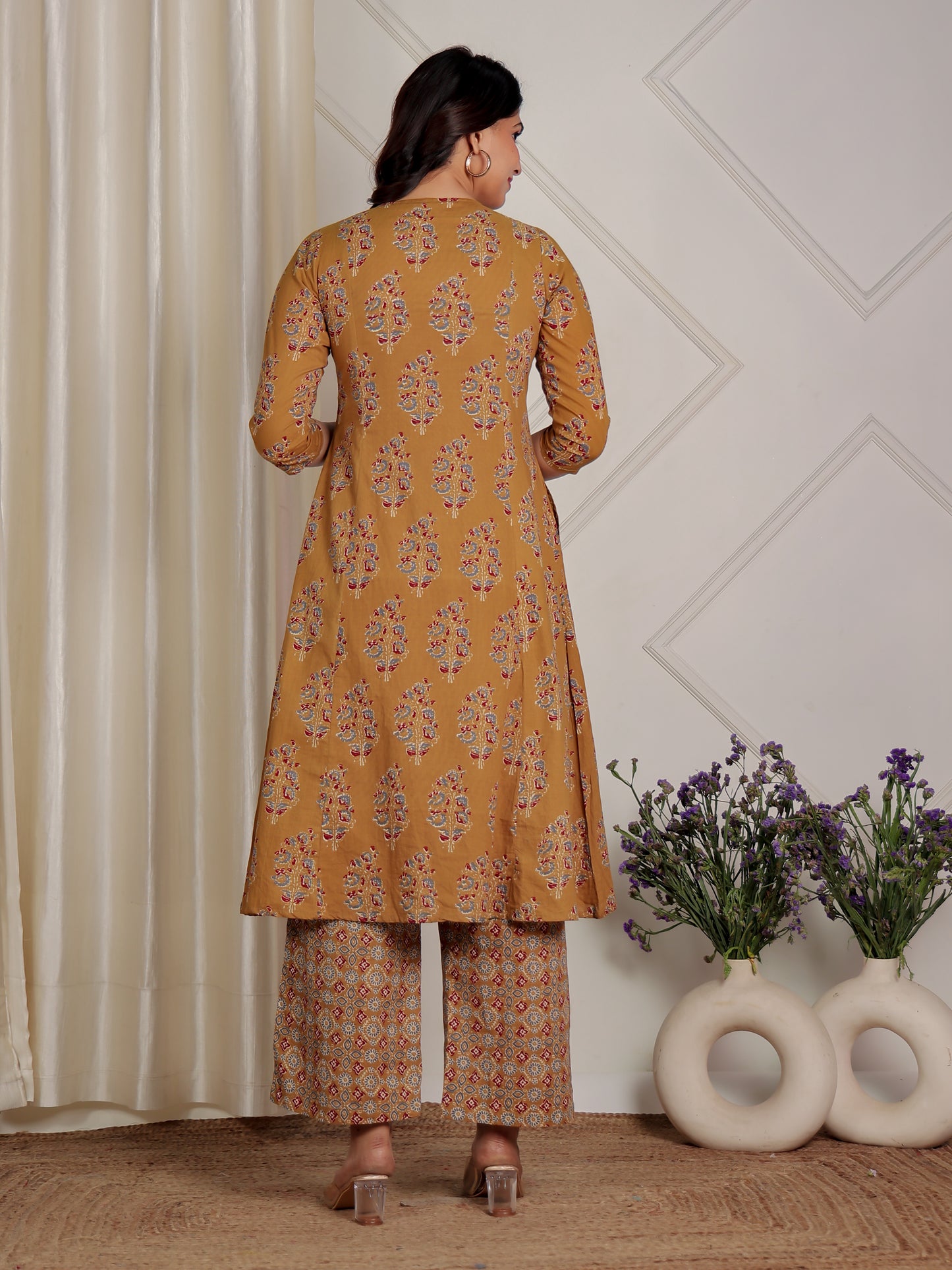 Soft Cotton Ajrakh Flared Mustard Kurta