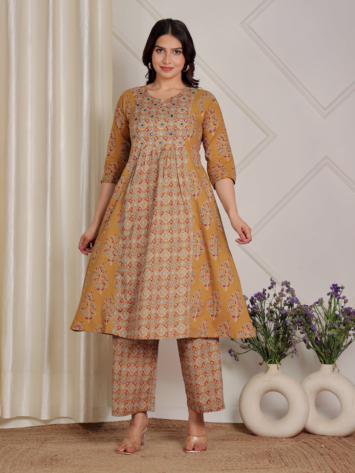 Soft Cotton Ajrakh Panelled Mustard Kurta