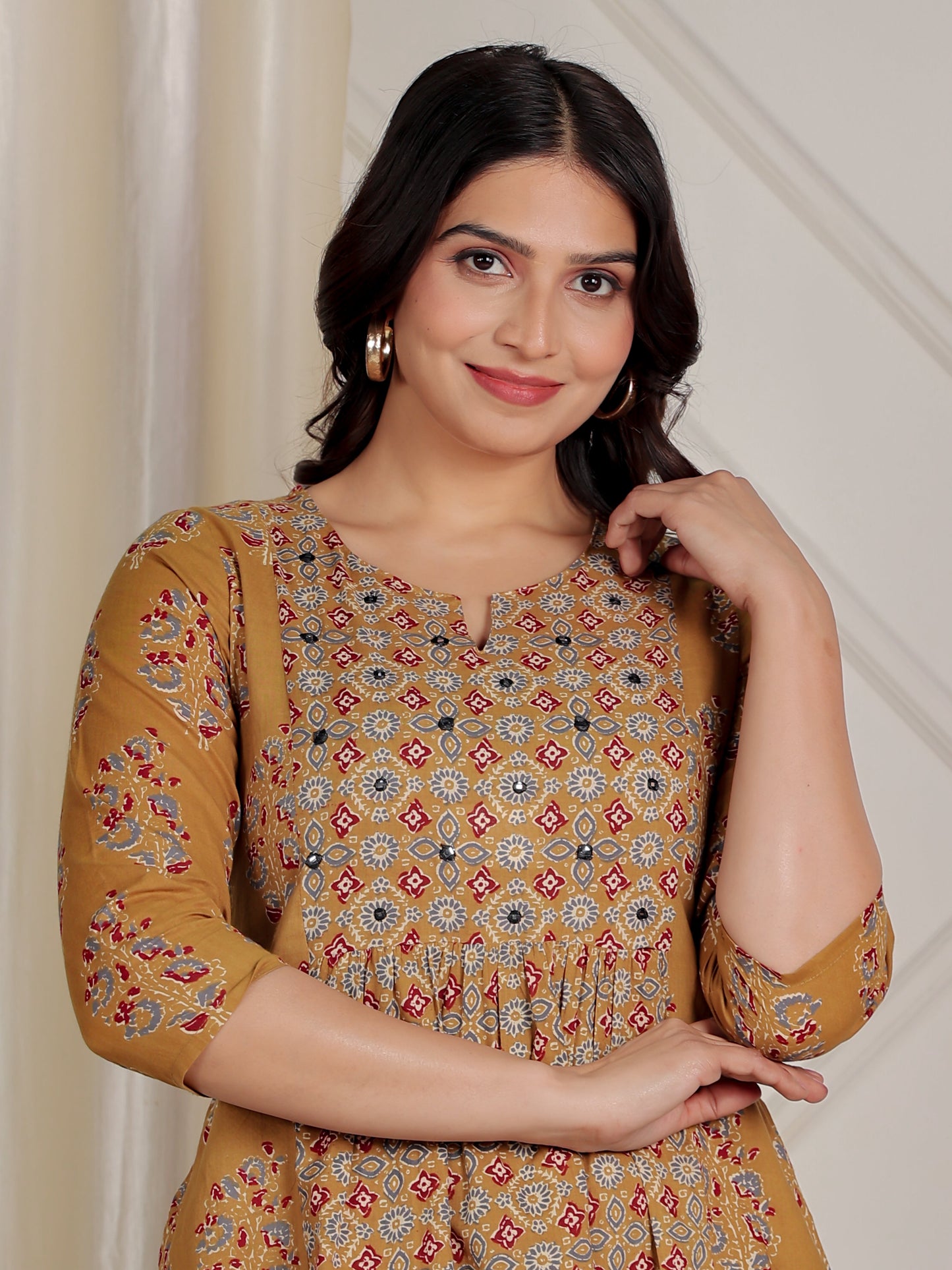 Soft Cotton Ajrakh Panelled Mustard Kurta