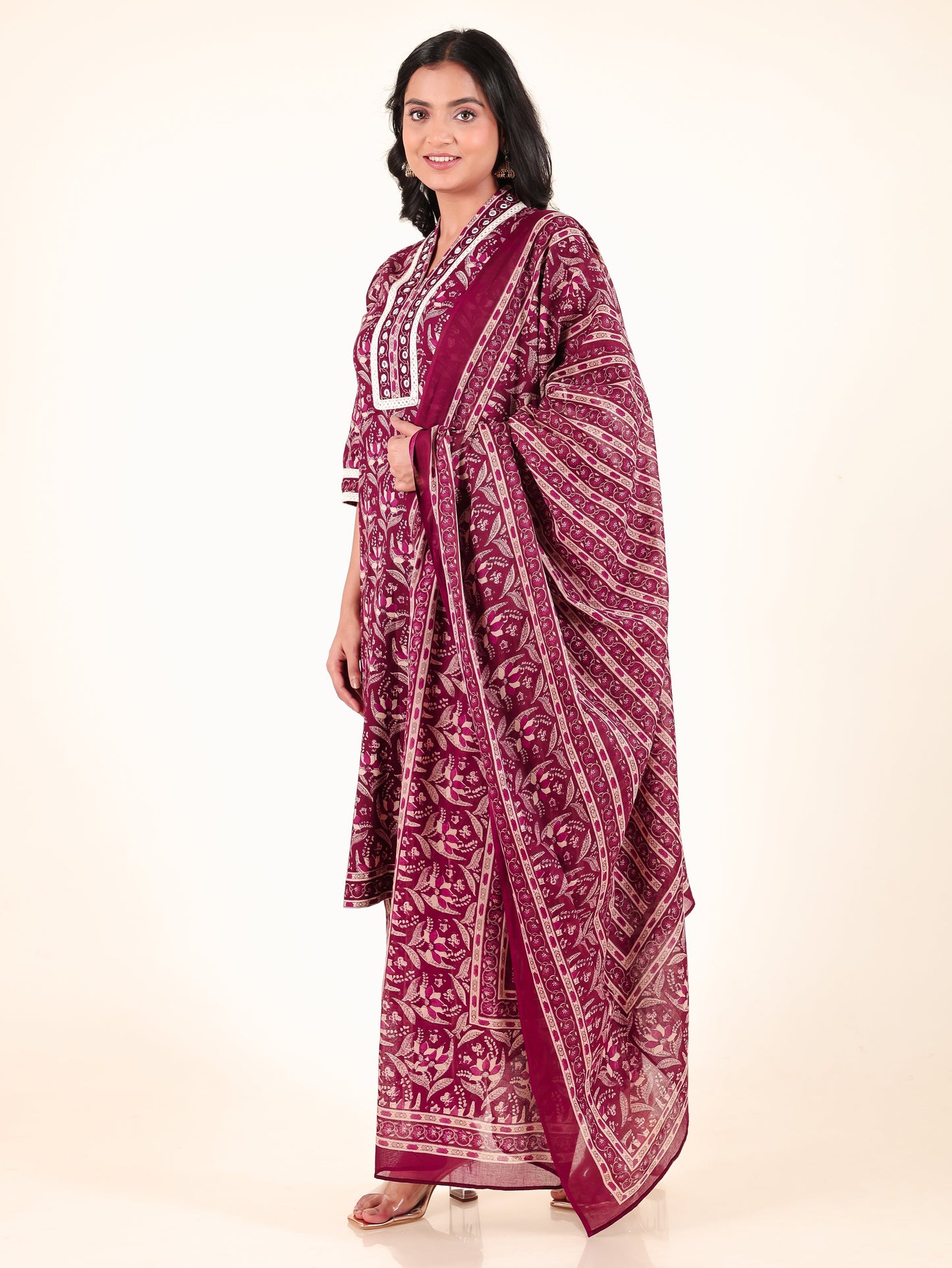 Soft Cotton Floral Straight Maroon Kurta