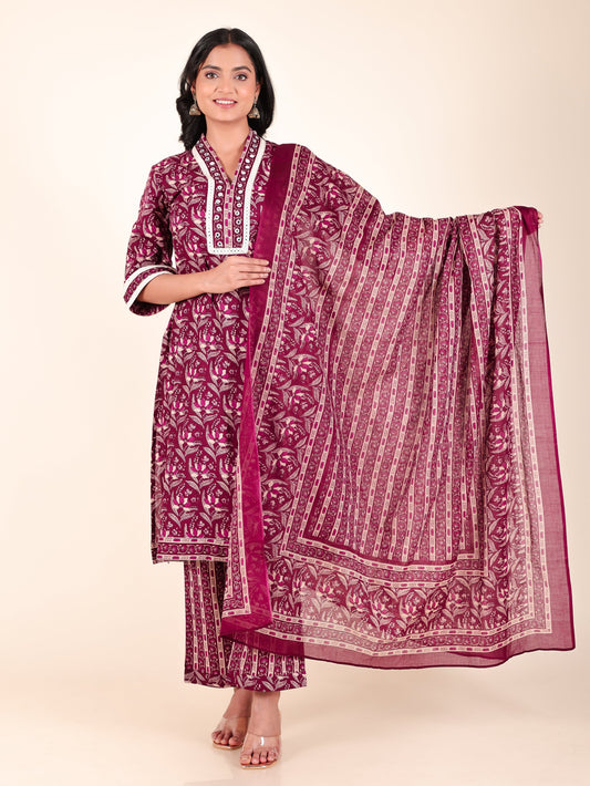 Soft Cotton Floral Straight Maroon Kurta