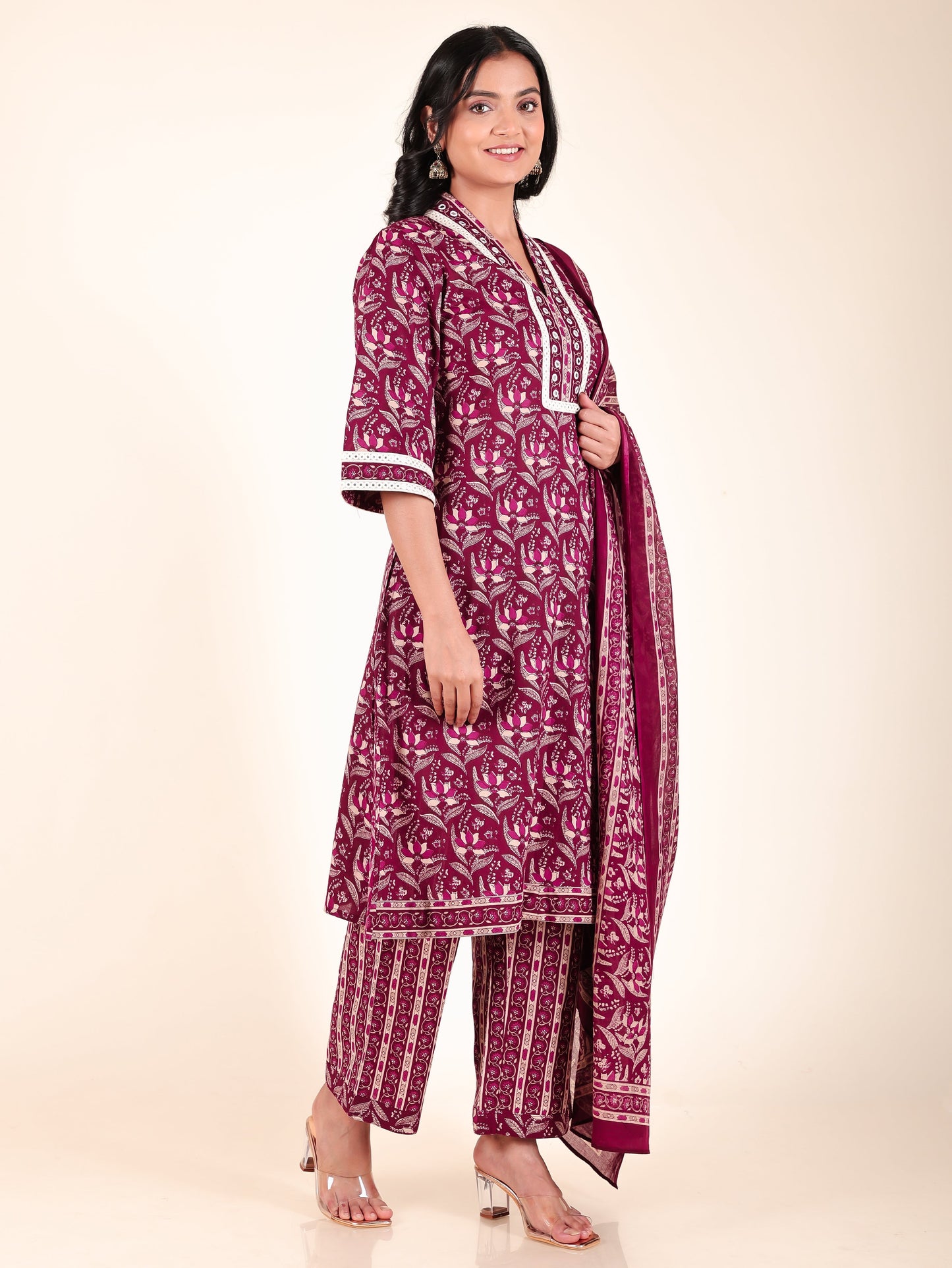 Soft Cotton Floral Straight Maroon Kurta