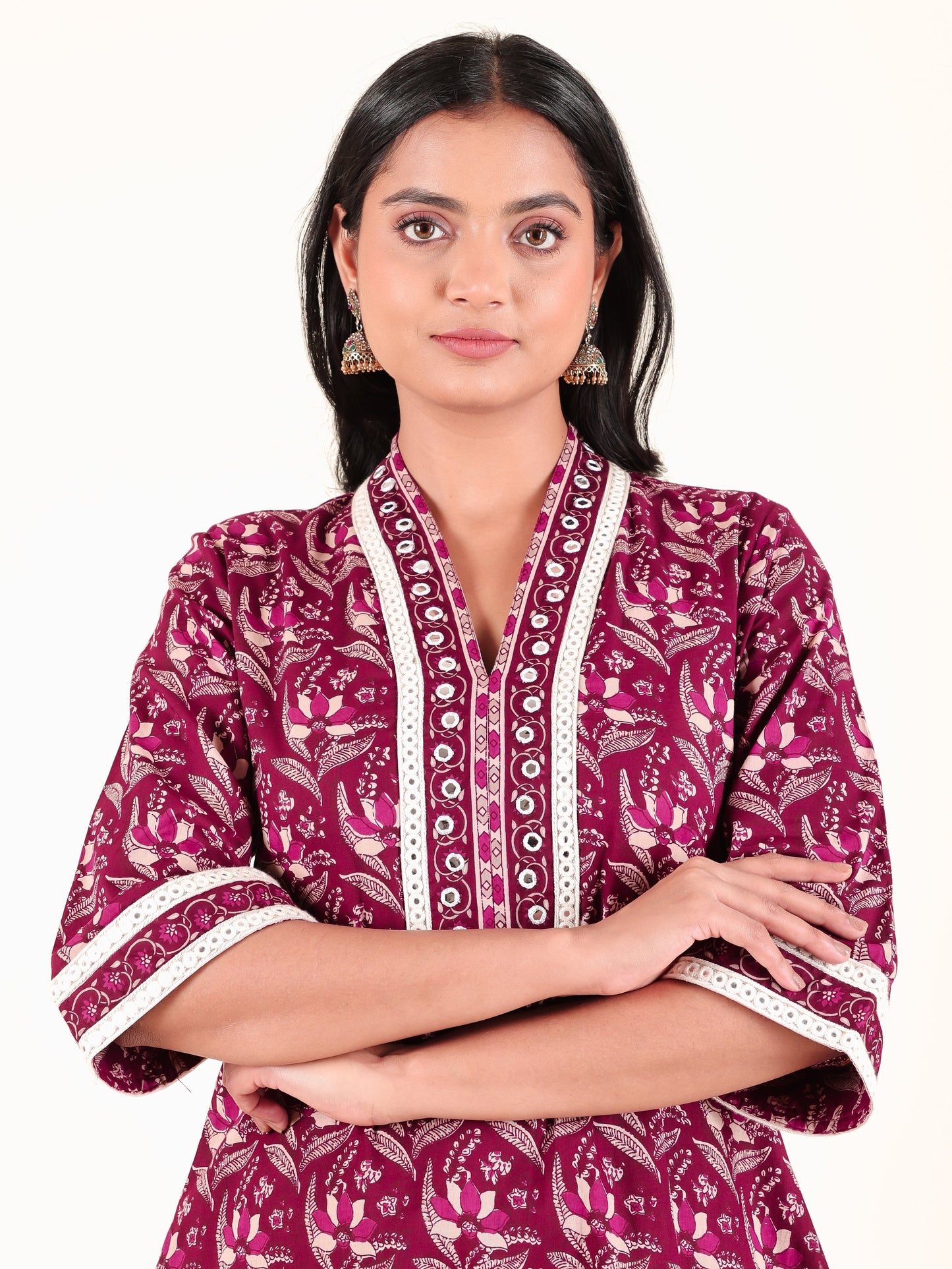 Soft Cotton Floral Straight Maroon Kurta