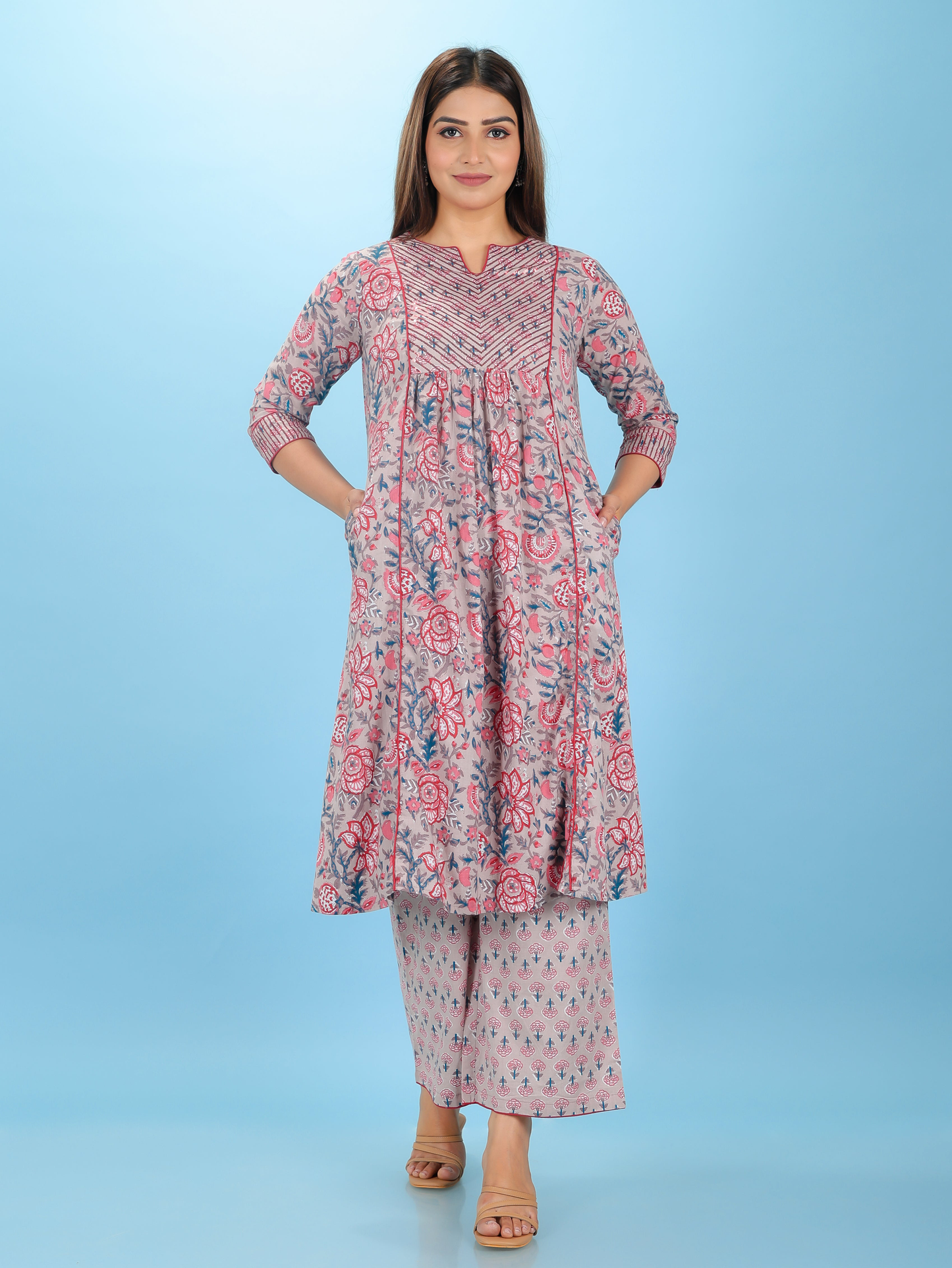 Embroidered Soft Cotton Floral Flared Grey Kurta