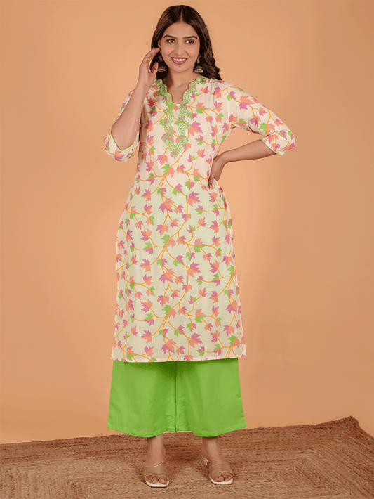 Soft Cotton Foliage Straight Cream Kurta
