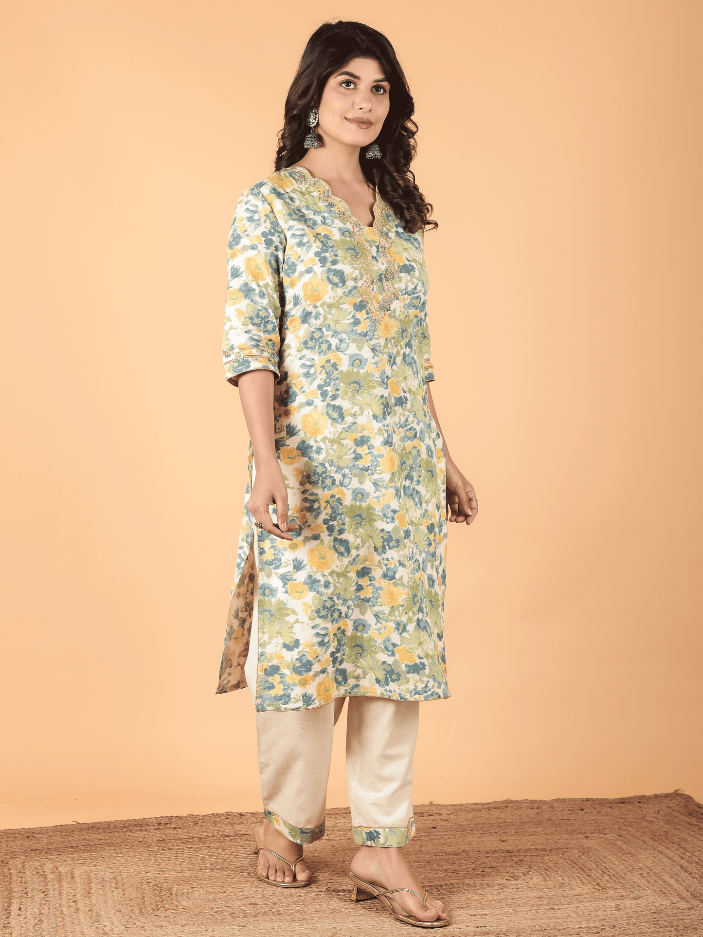 Linen Cotton Floral Kurta