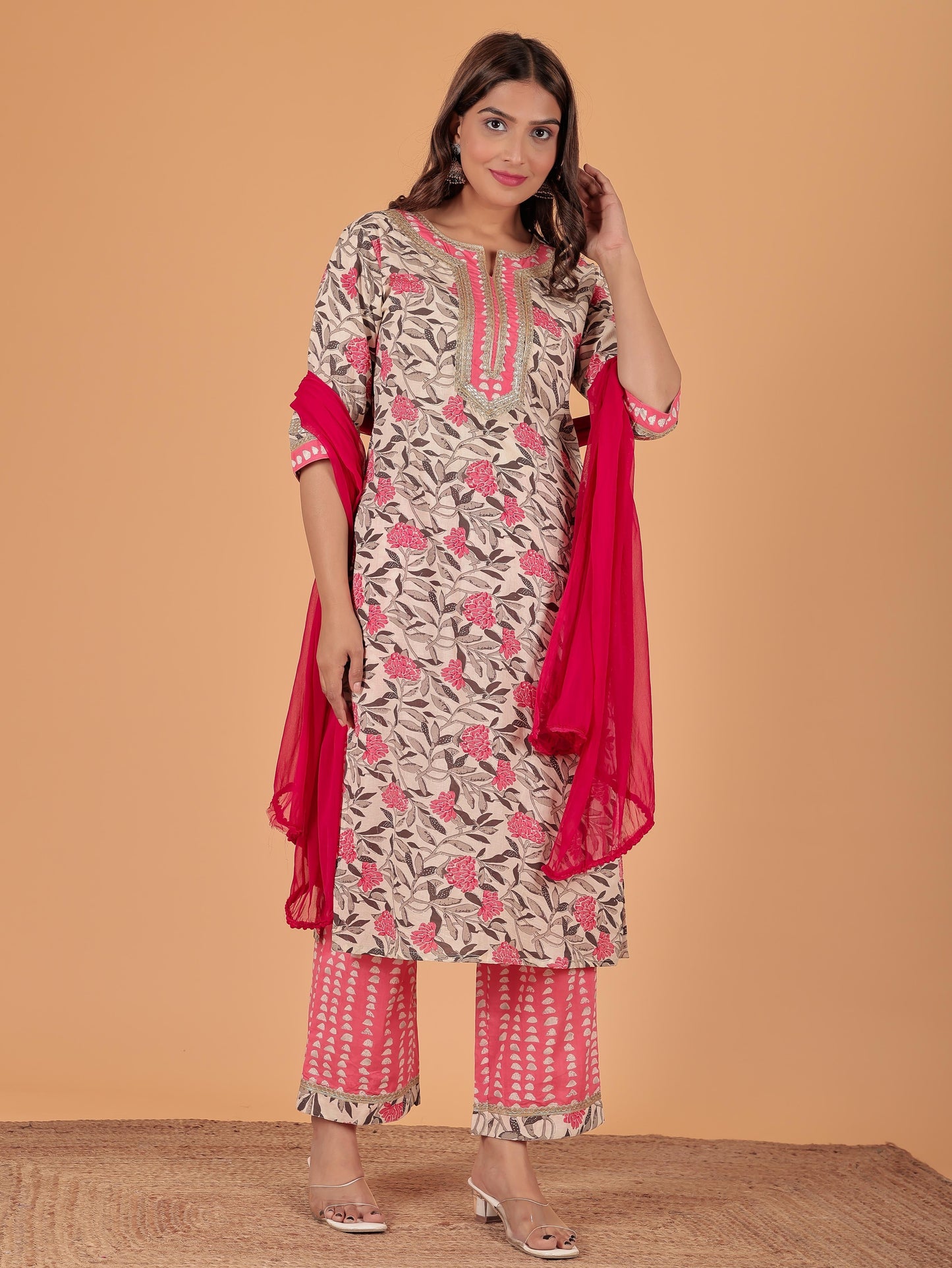 Soft Cotton Floral Straight Pink Kurta