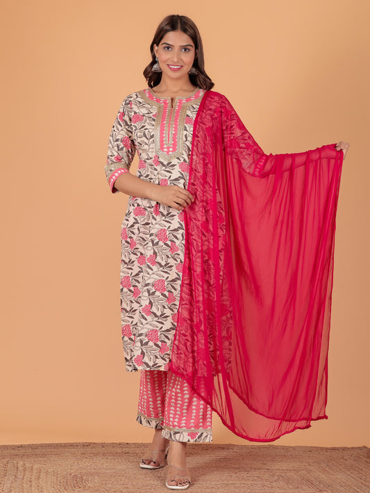 Soft Cotton Floral Straight Pink Kurta
