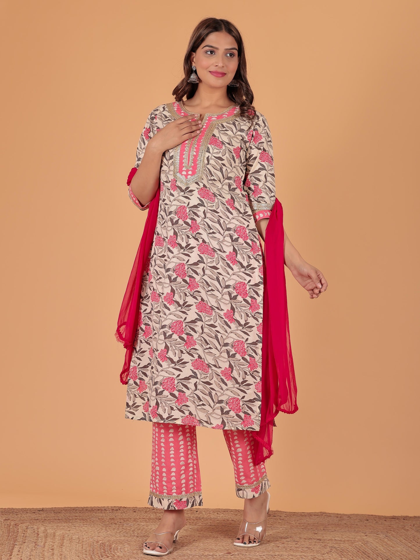Soft Cotton Floral Straight Pink Kurta