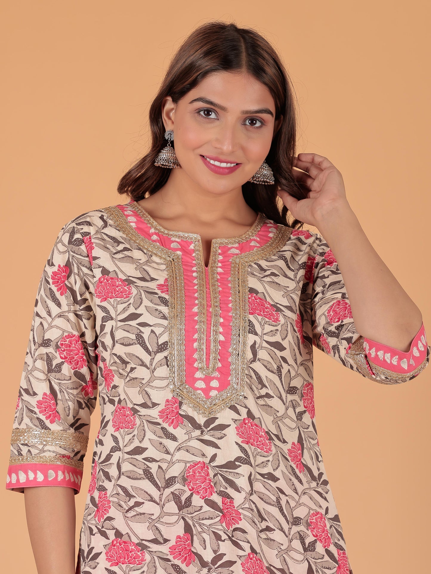 Soft Cotton Floral Straight Pink Kurta