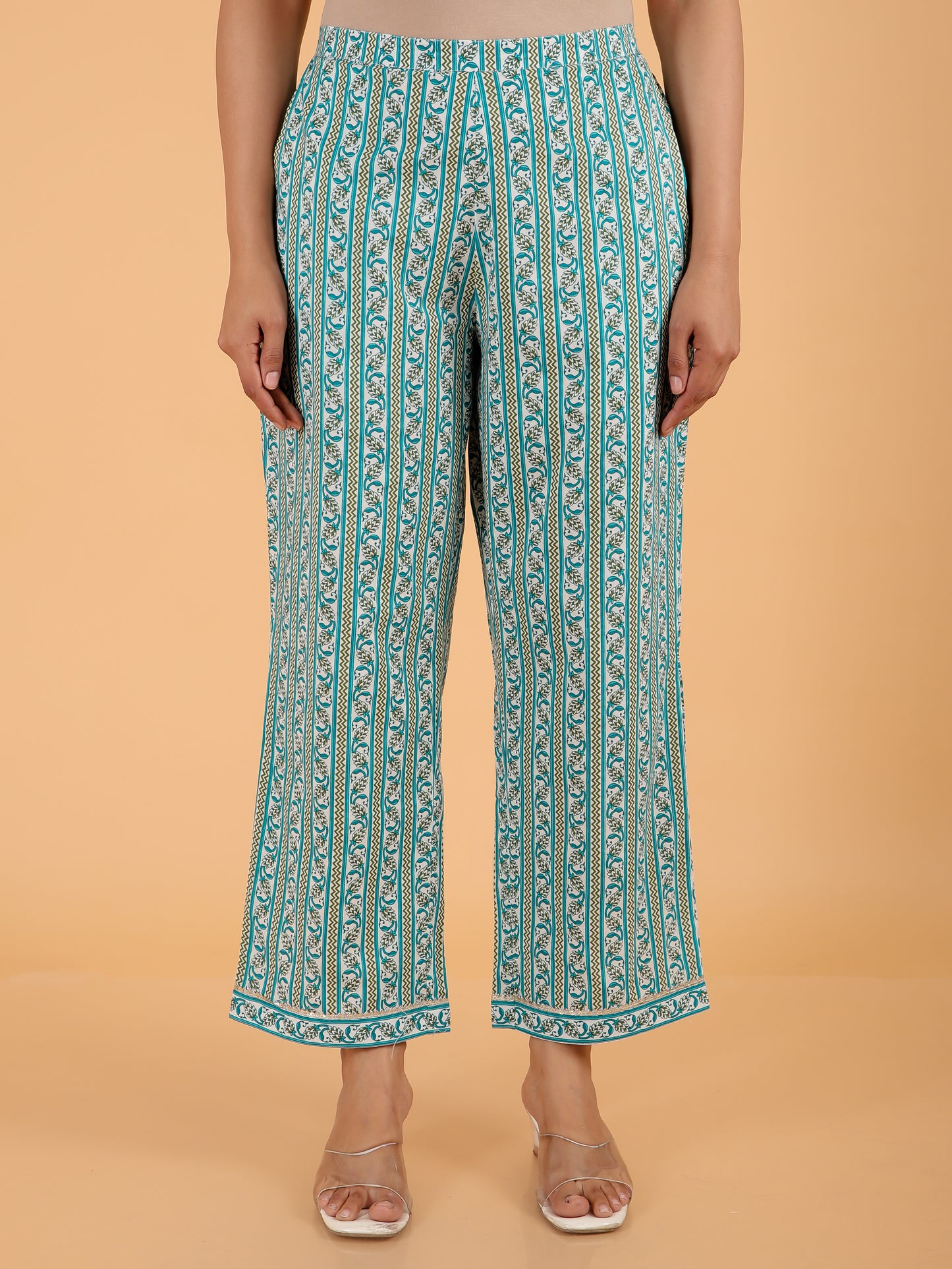 Soft Cotton Striped Turquoise Straight Trousers