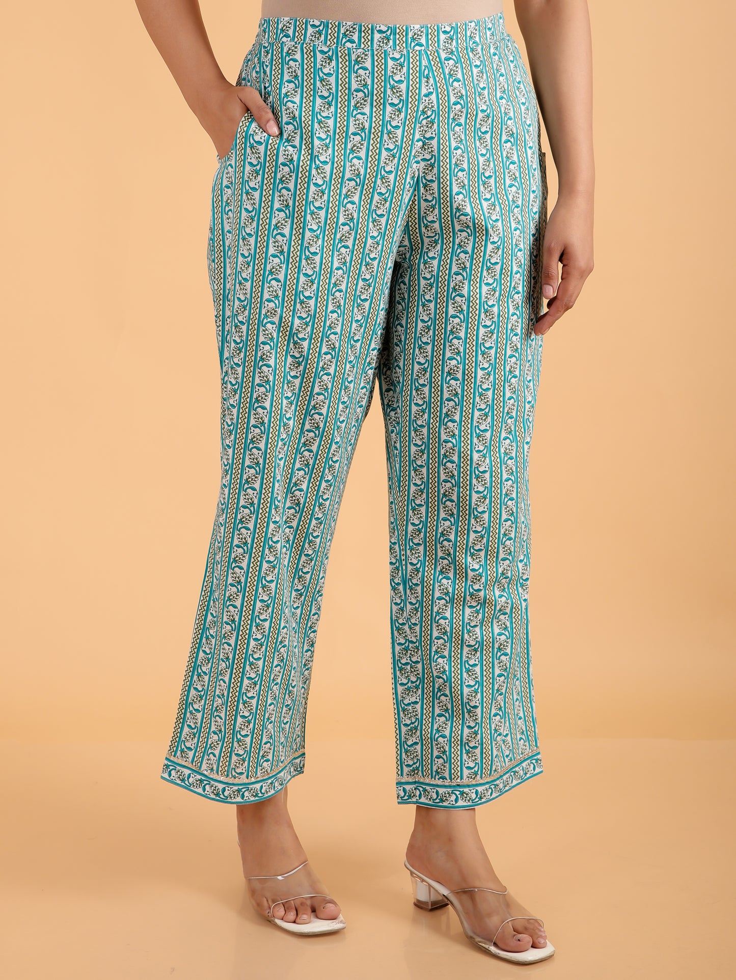 Soft Cotton Striped Turquoise Straight Trousers