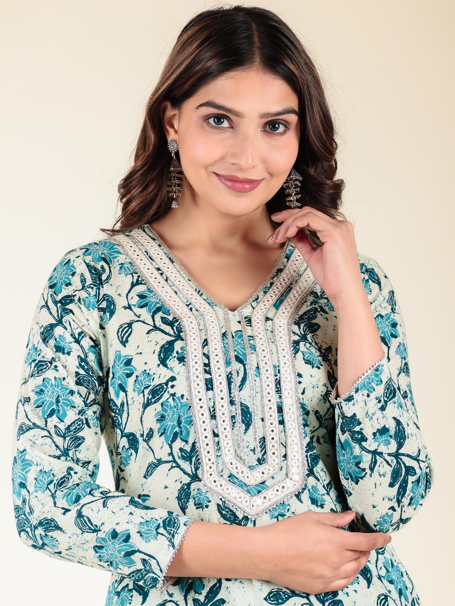Soft Cotton Floral Straight Cream Kurta