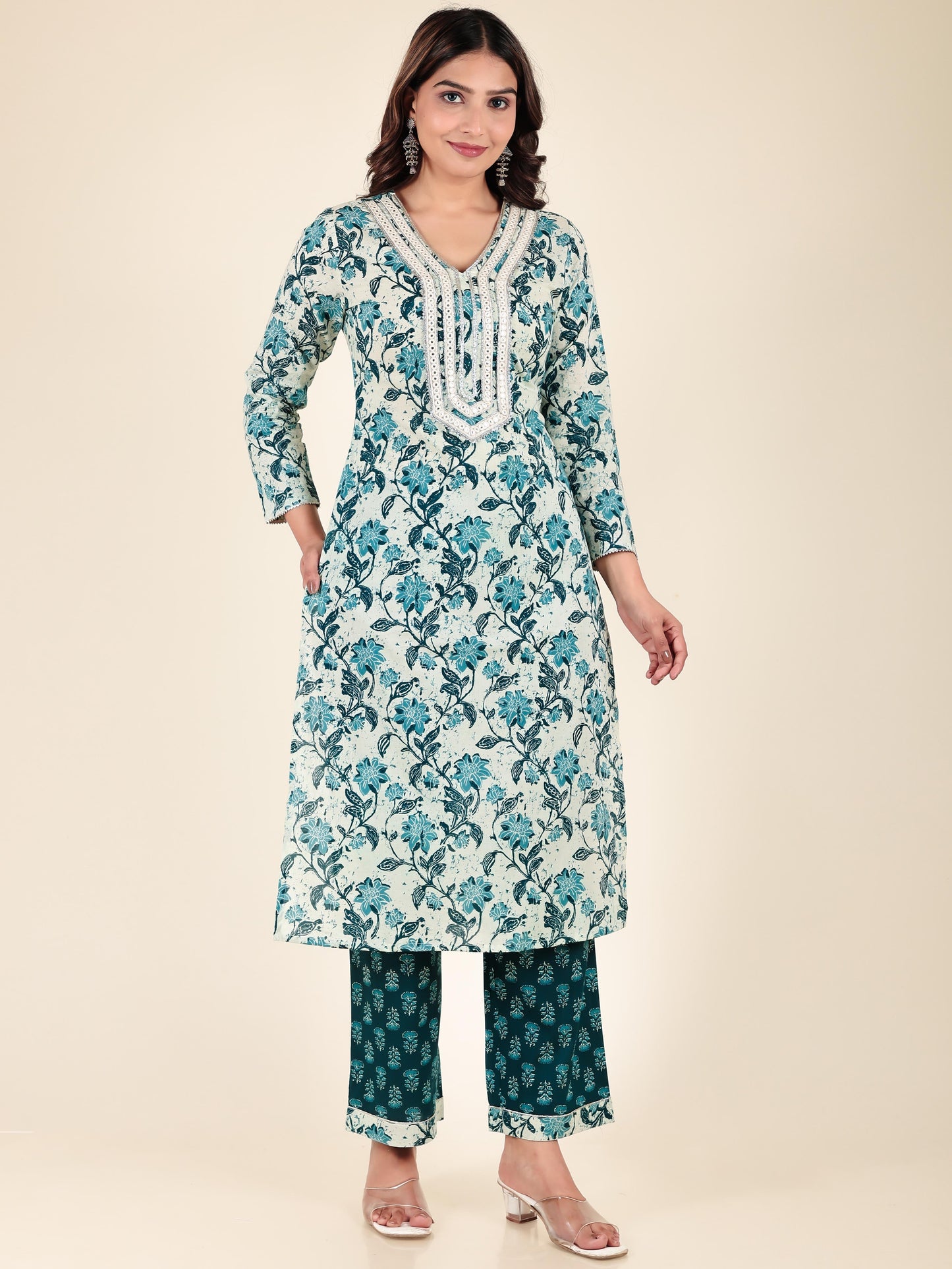 Soft Cotton Floral Straight Cream Kurta