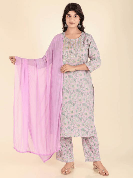 Soft Cotton Floral Straight Purple Kurta