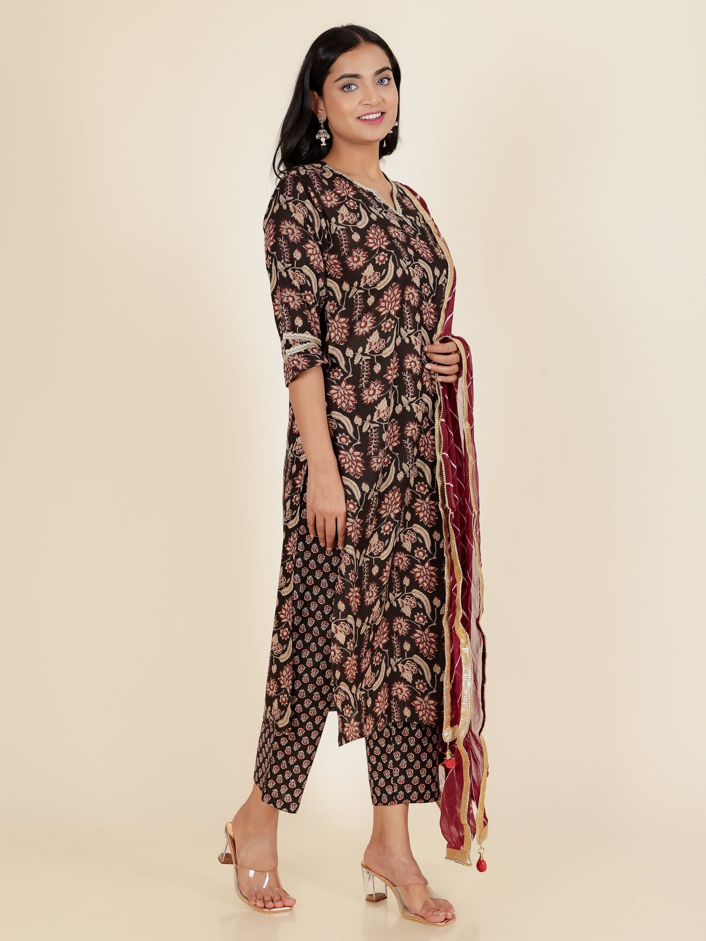 Soft Cotton Floral Straight Black Kurta