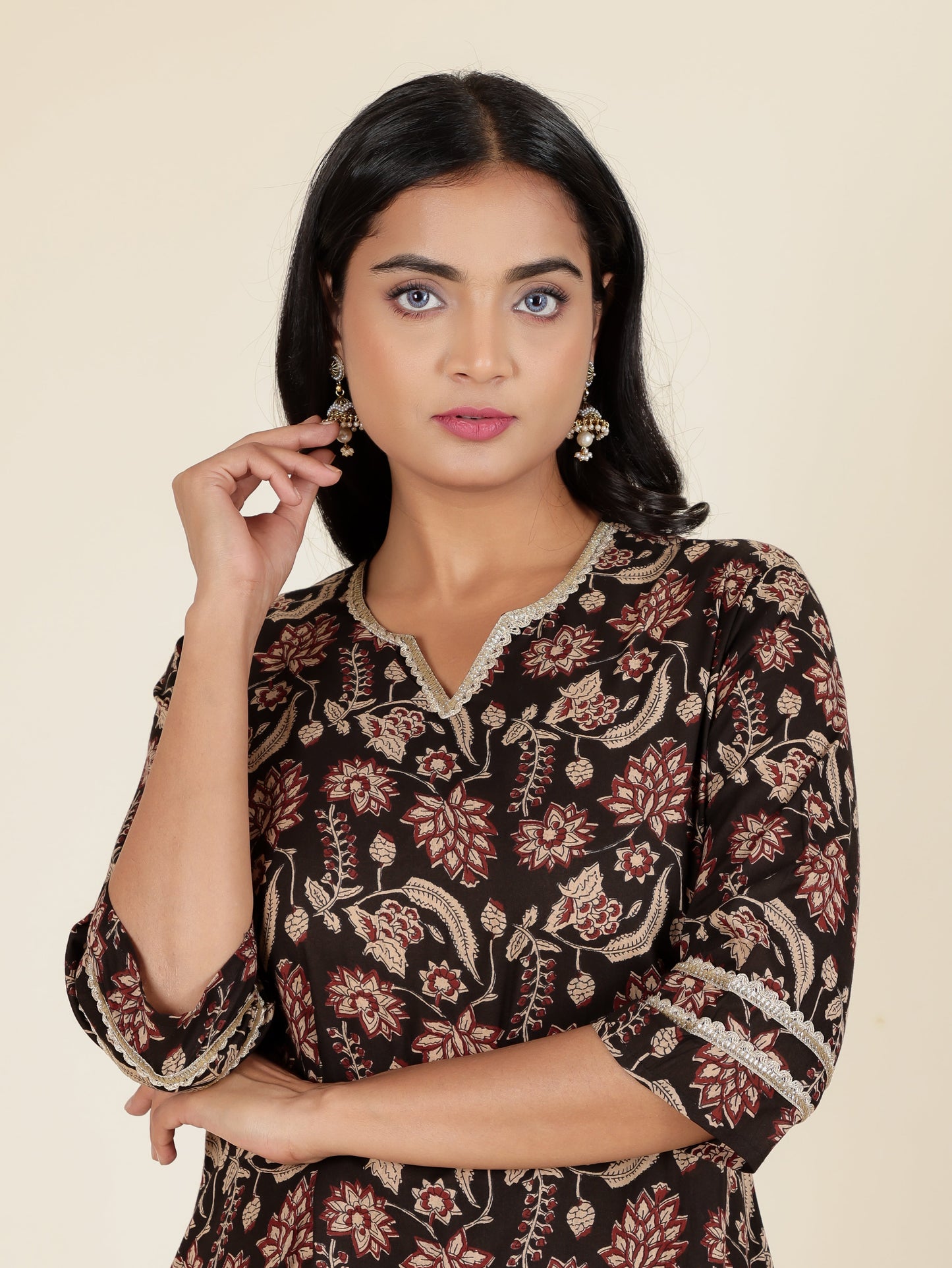 Soft Cotton Floral Straight Black Kurta