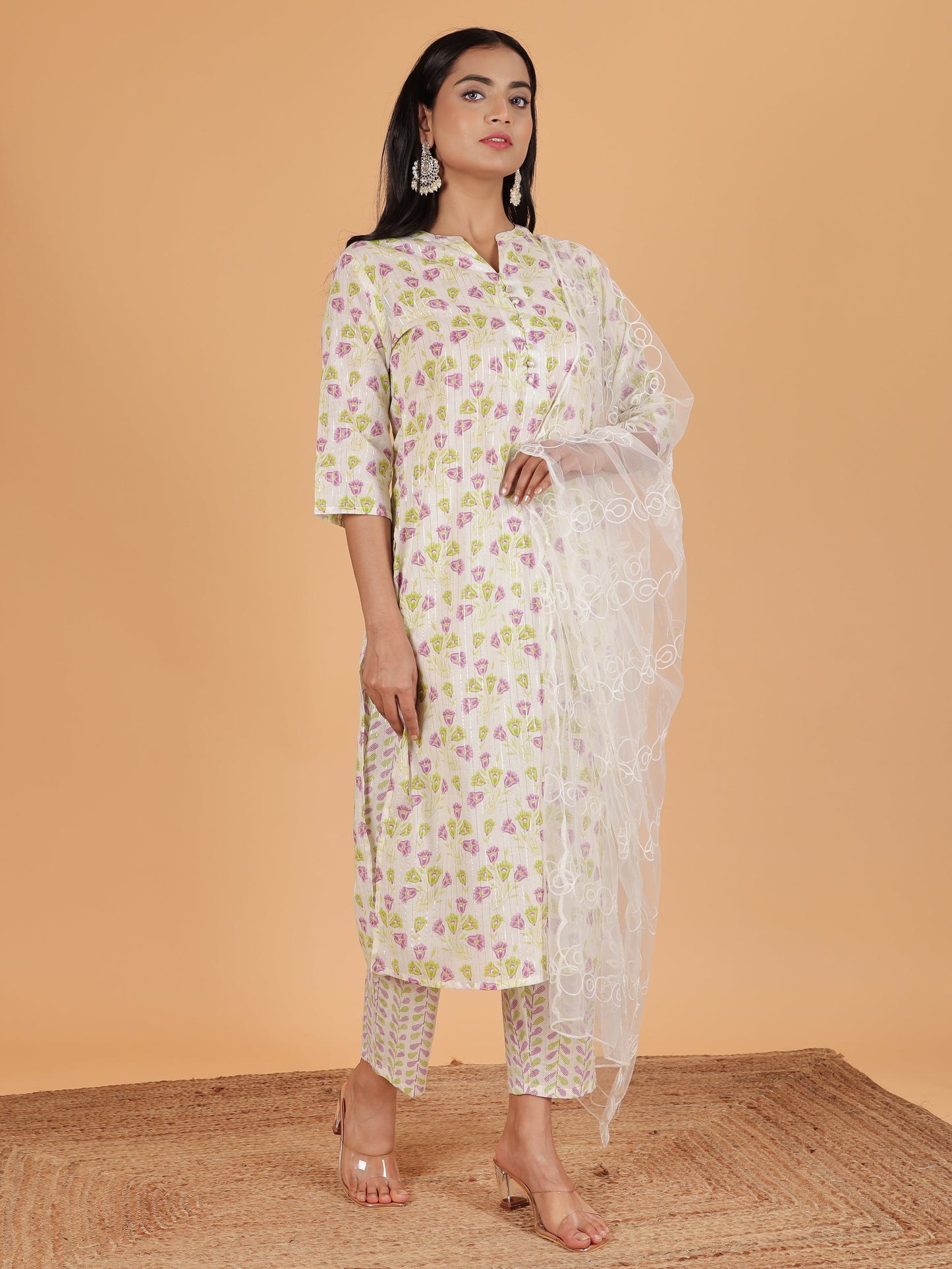 Lurex Cotton Floral Straight White Kurta