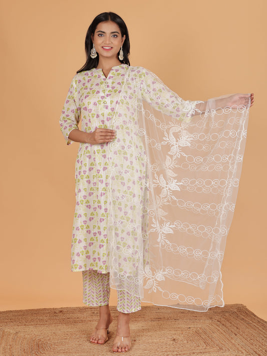 Lurex Cotton Floral Straight White Kurta