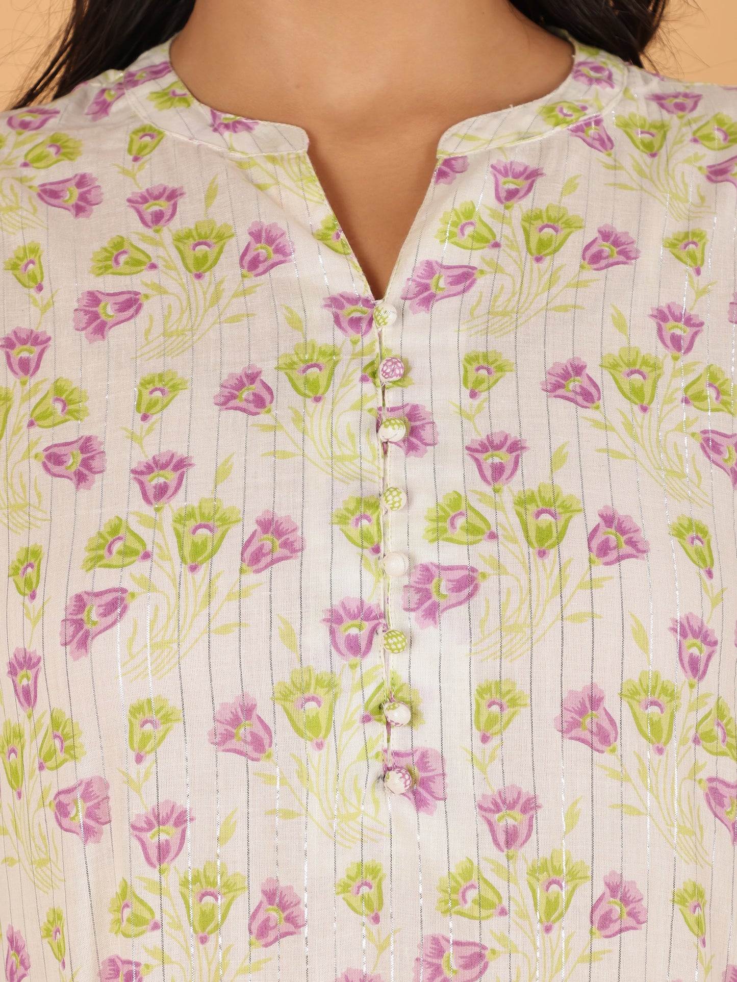 Lurex Cotton Floral Straight White Kurta