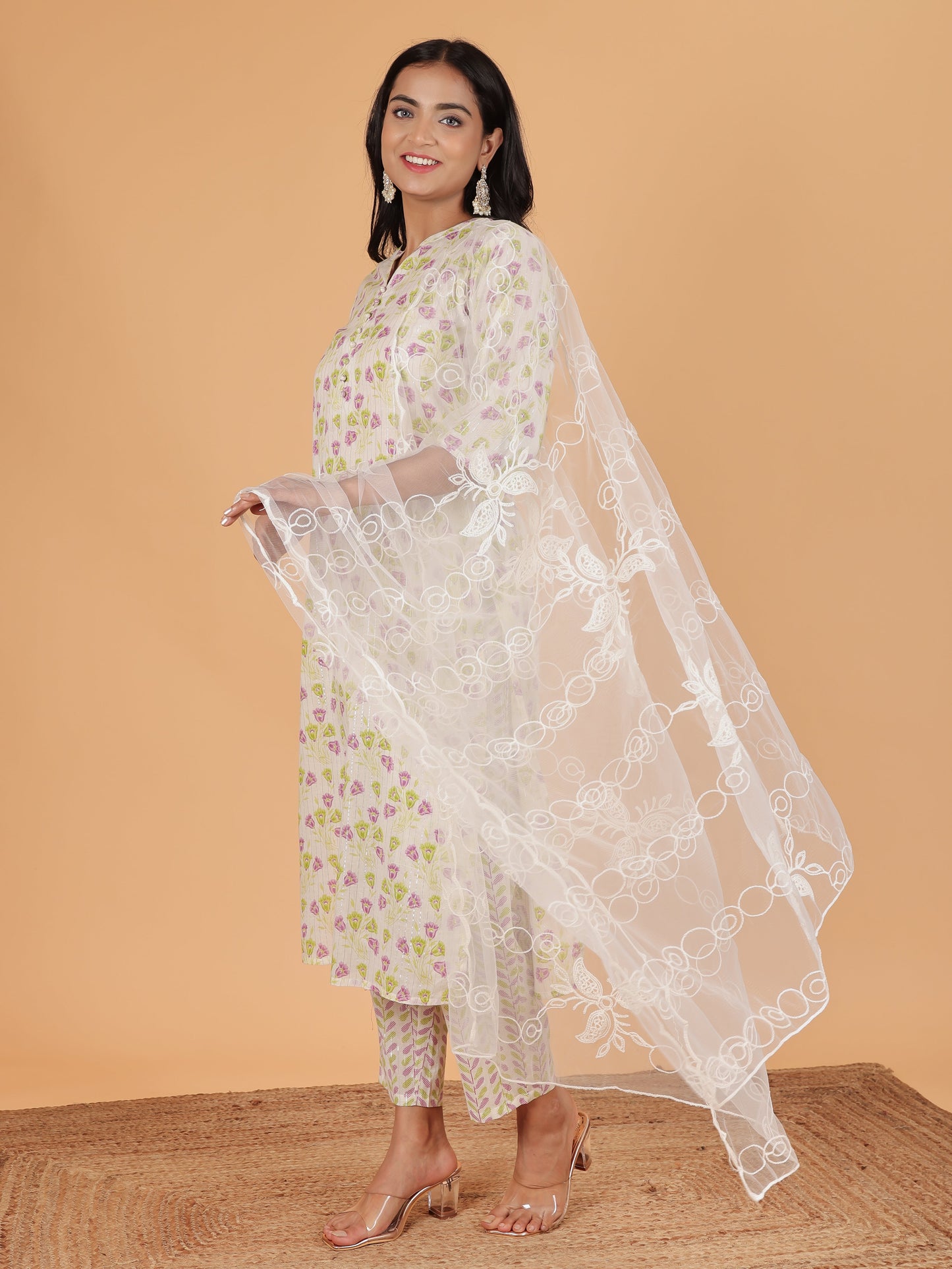 Lurex Cotton Floral Straight White Kurta