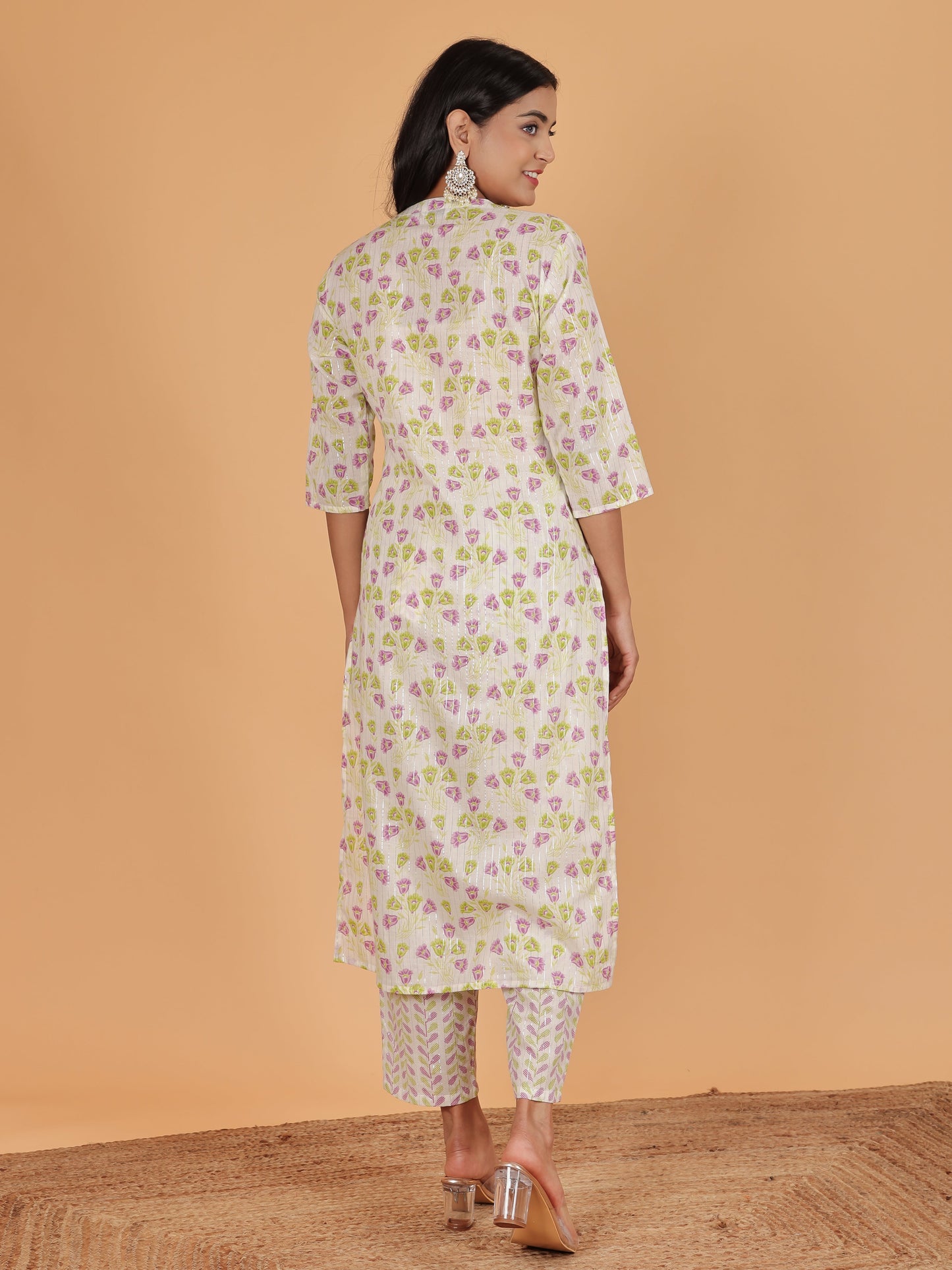 Lurex Cotton Floral Straight White Kurta