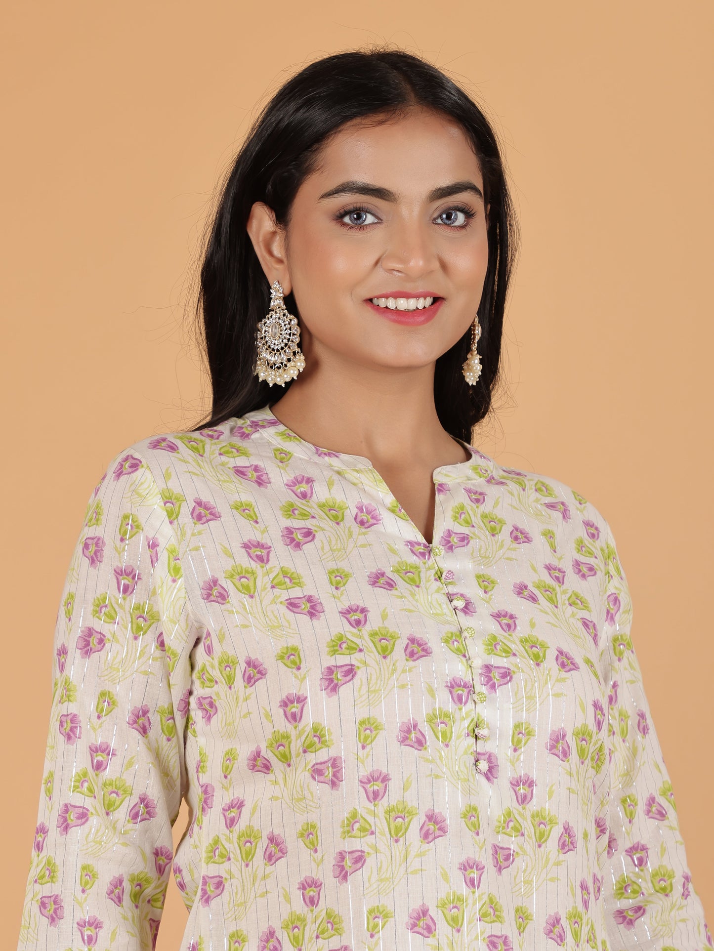 Lurex Cotton Floral Straight White Kurta