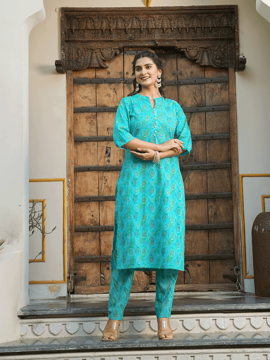 Soft Cotton Bandhani Straight Blue Kurta
