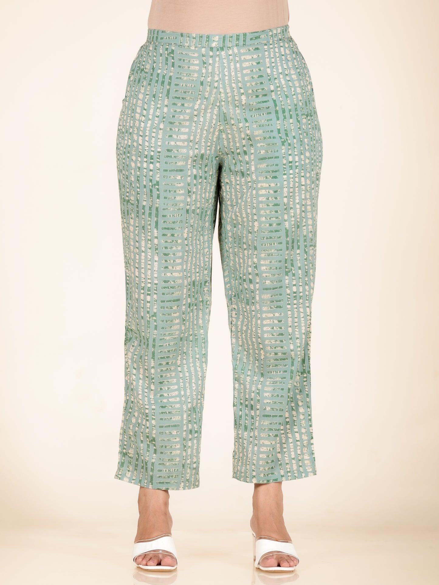 Soft Cotton Abstract Green Straight Trousers