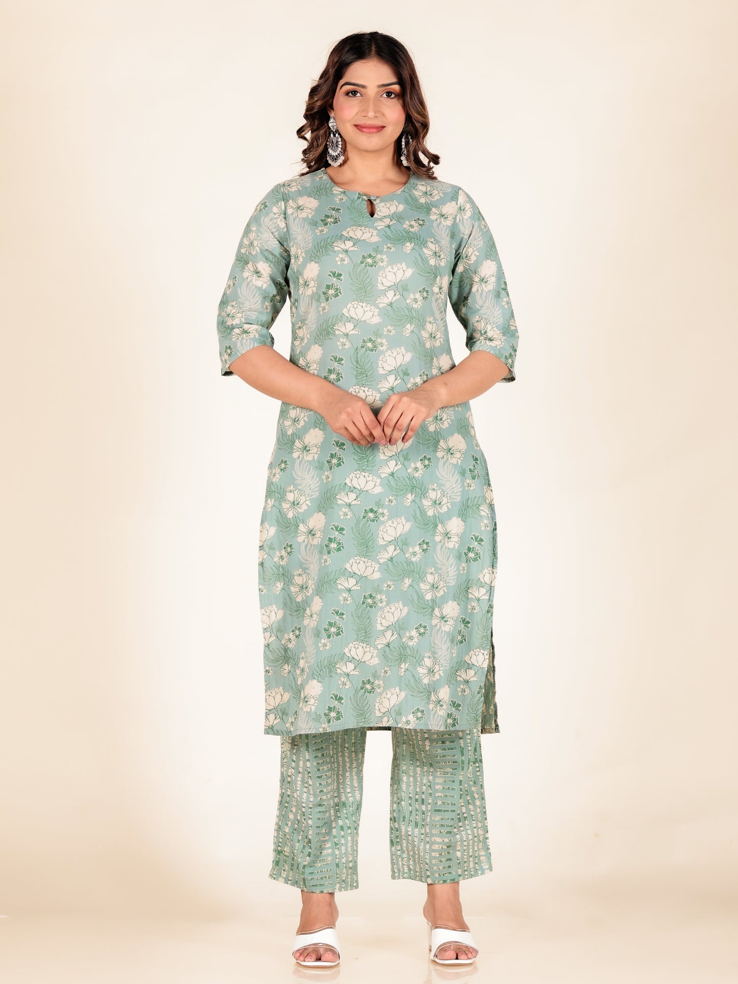 Soft Cotton Floral Straight Green Kurta