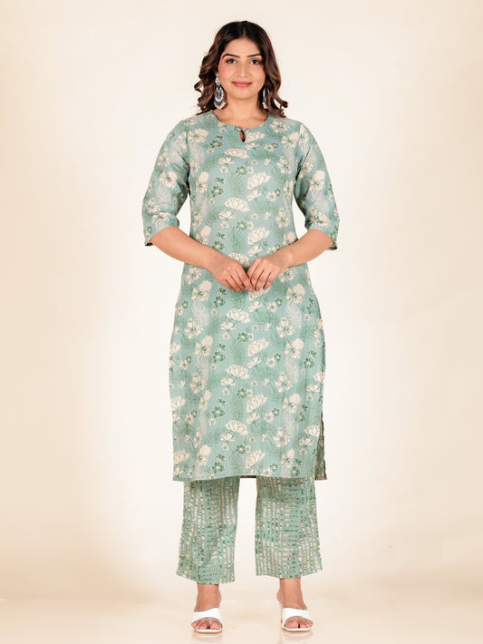 Soft Cotton Floral Straight Green Kurta