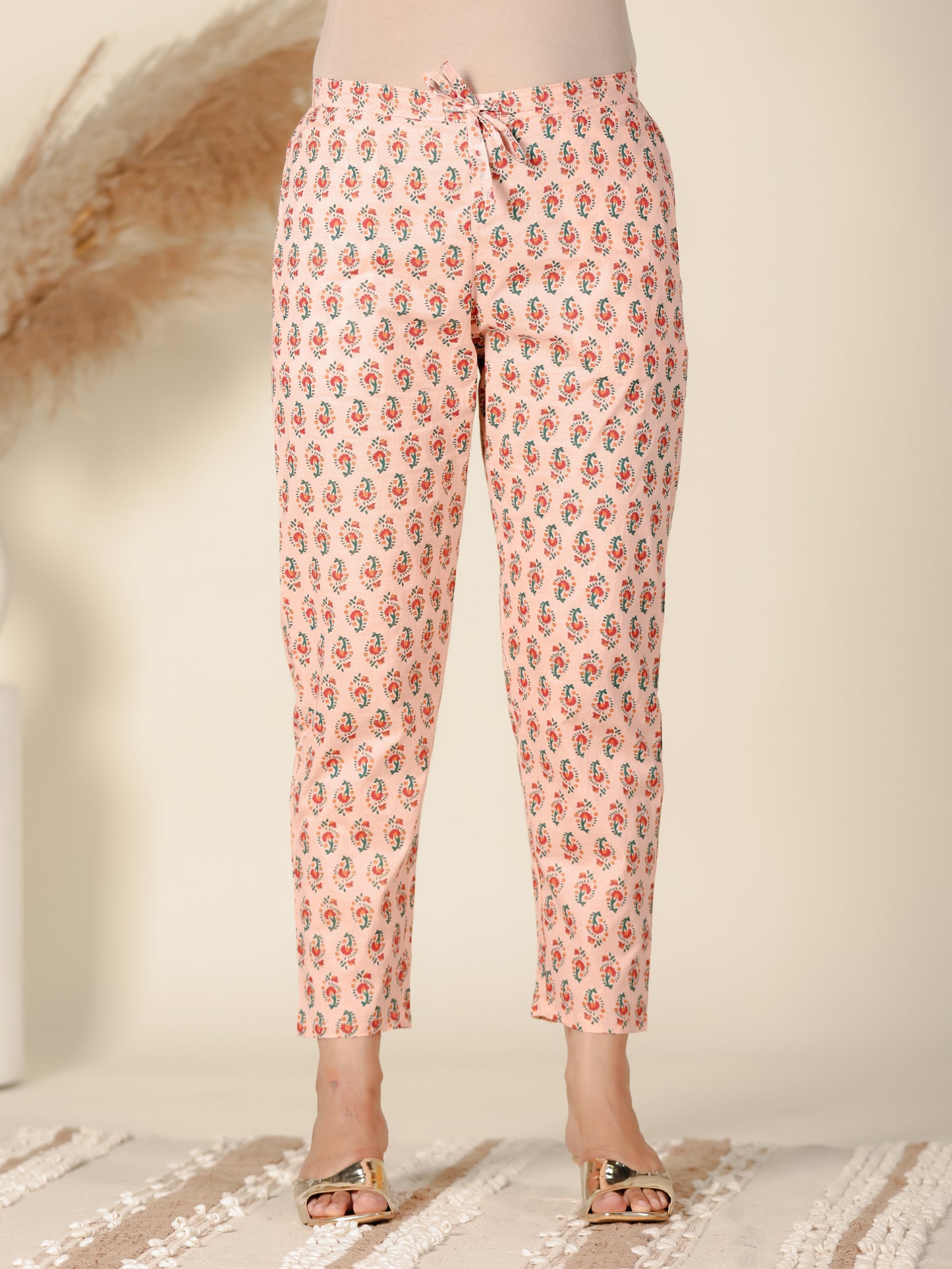 Soft Cotton Floral Orange Tapered Trousers