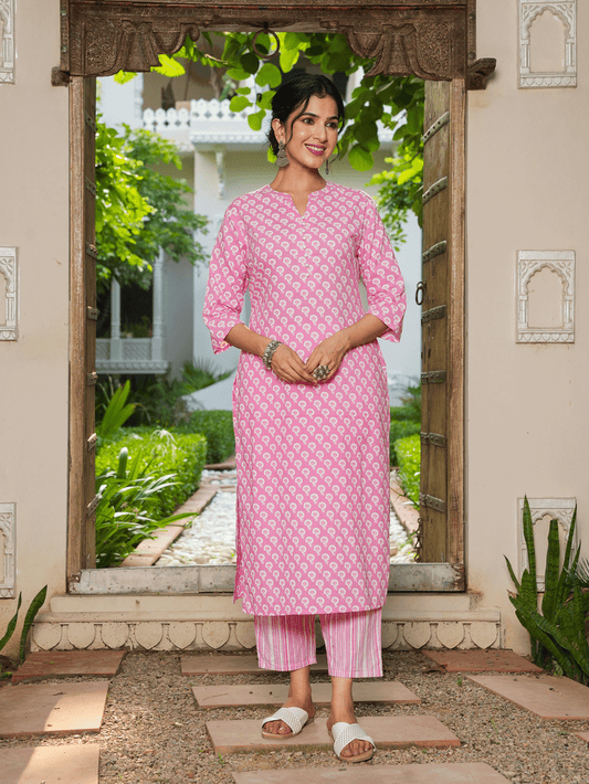Soft Cotton Floral Straight Pink Kurta